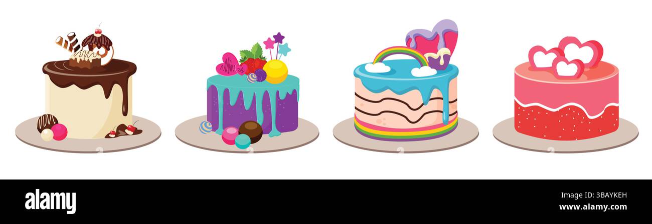 Torta di compleanno, set completo di clipart. Torta deliziosa e deliziosa per matrimoni, anniversari, feste di nascita e feste con sapori e condimenti colorati Illustrazione Vettoriale