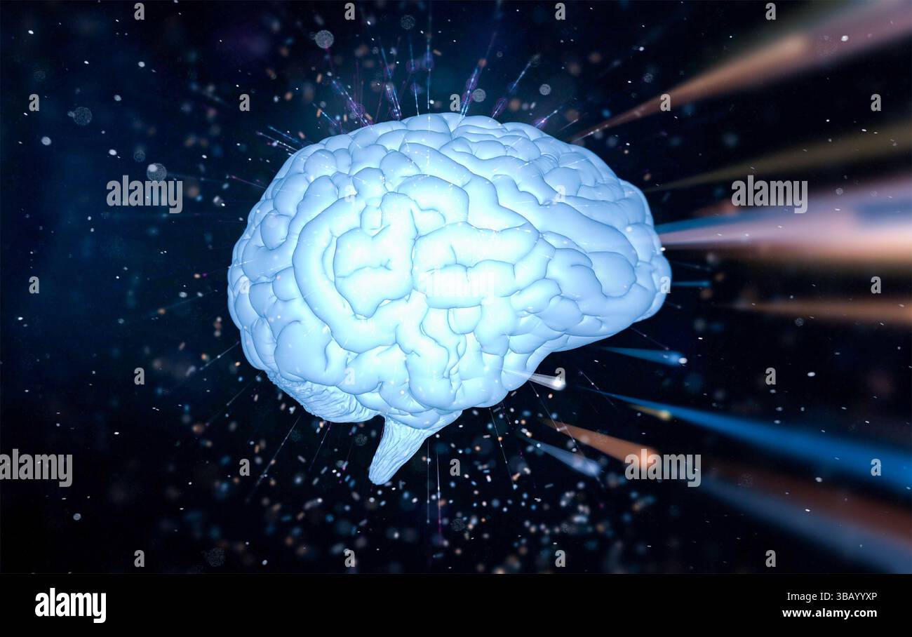 rendering 3d del cervello blu brillante al buio Foto Stock