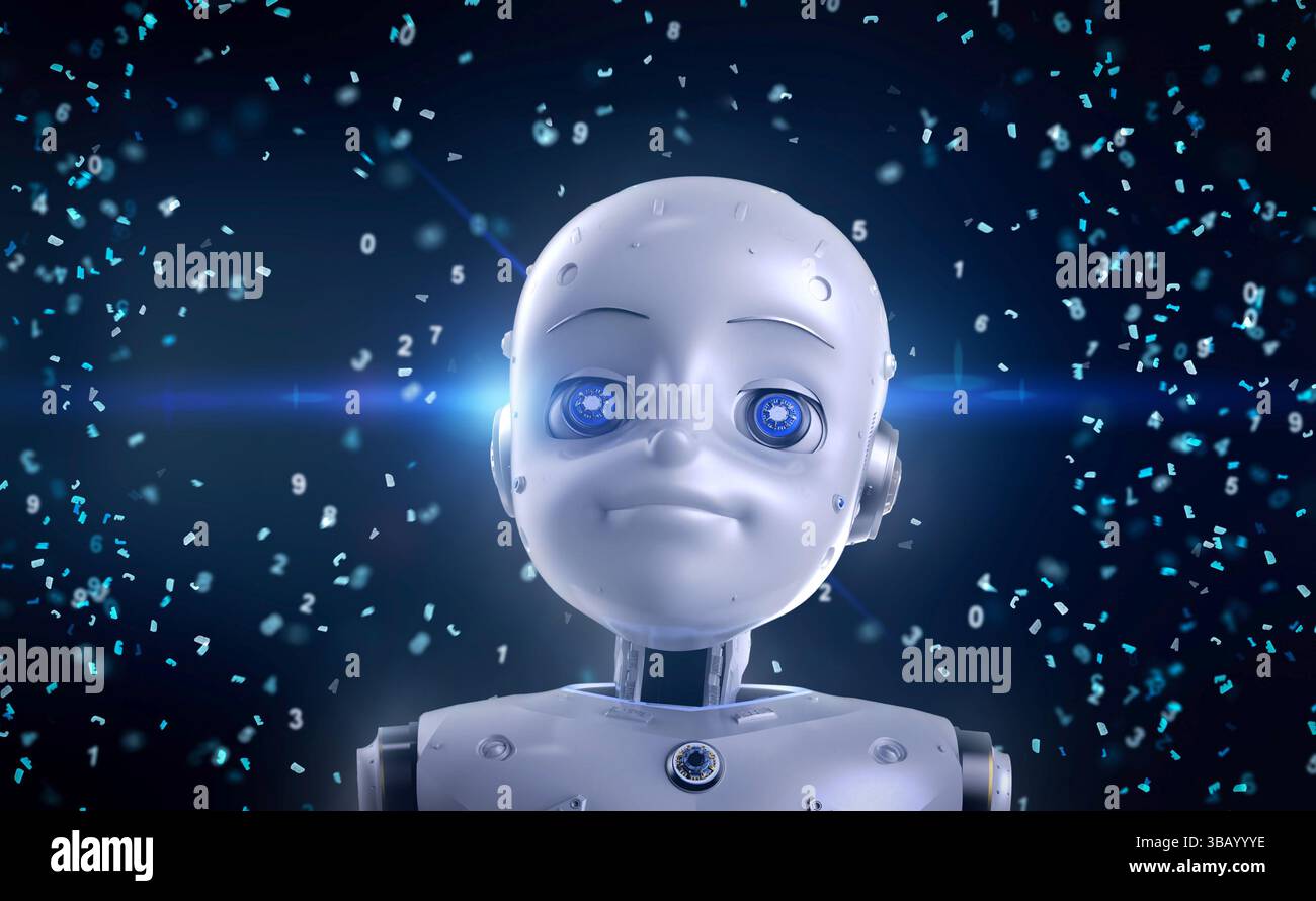 Robot di rendering ai 3d con concetto di apprendimento automatico con interfaccia grafica Education Foto Stock