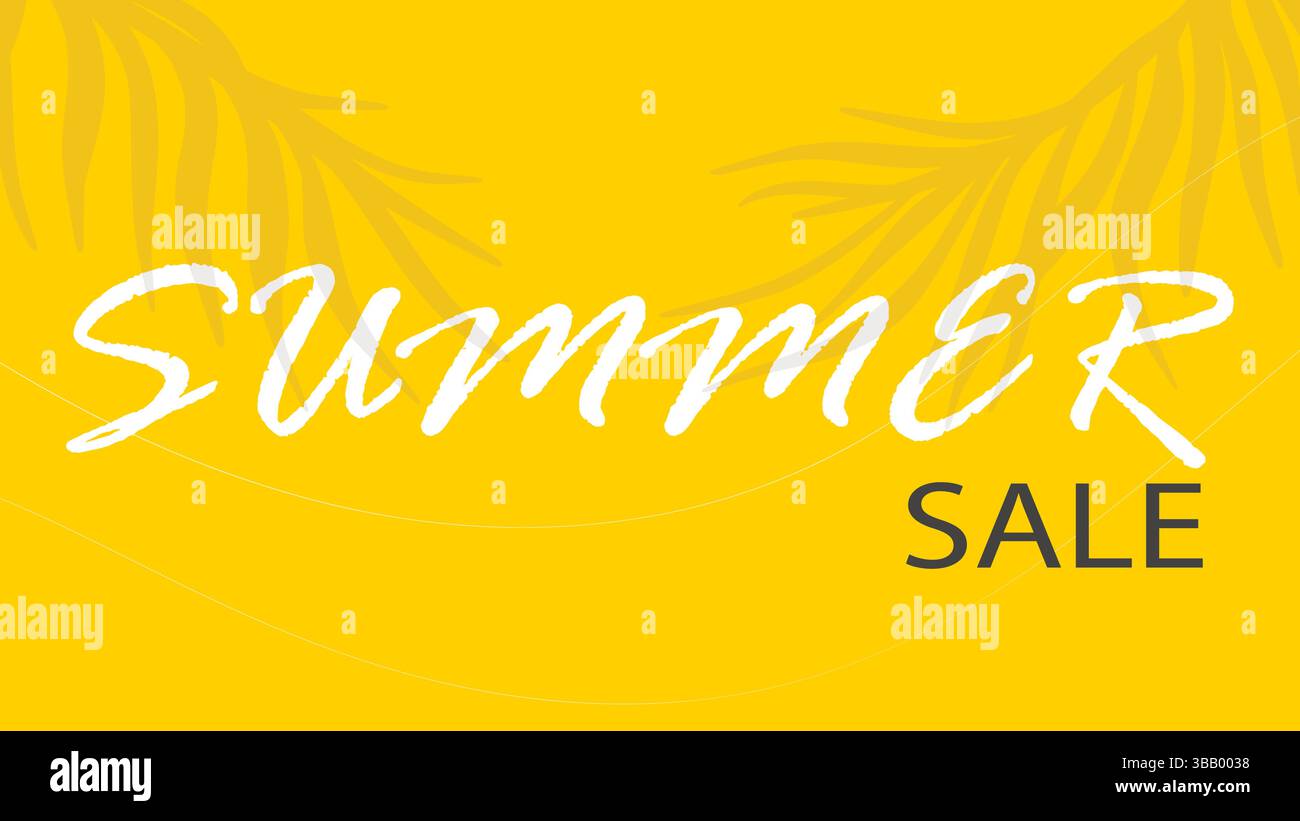 Banner pubblicitario orizzontale con sconti estivi. Sfondo giallo brillante con silhouette di foglie di palmo e testo. Invio stagionale di posta calda. Modello Illustrazione Vettoriale