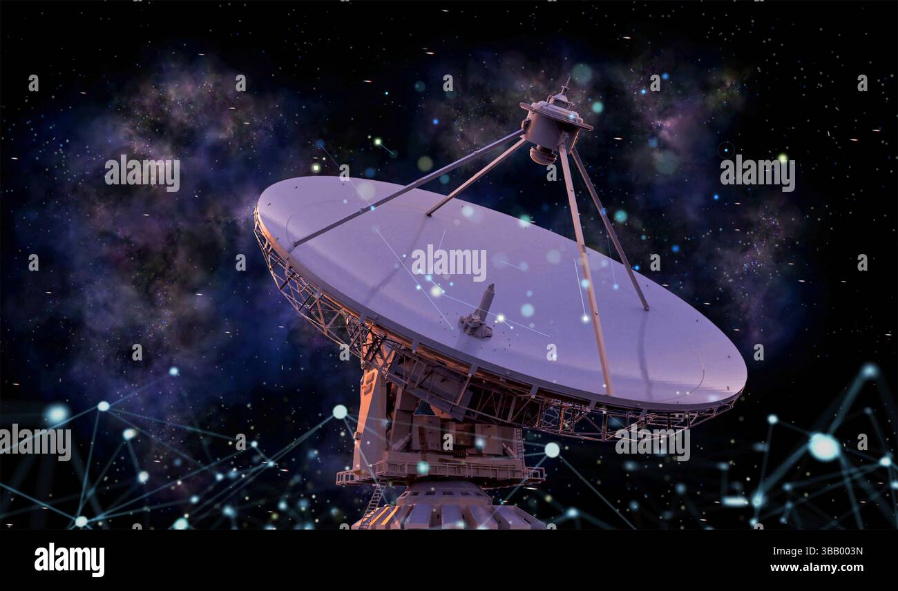 parabola satellitare con rendering 3d per telecomunicazioni digitali Foto Stock