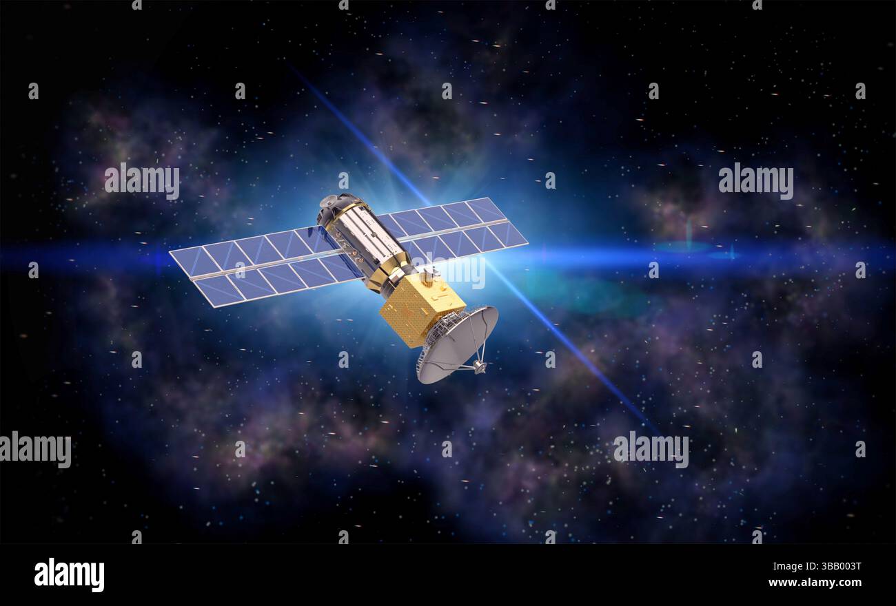 parabola satellitare con rendering 3d per telecomunicazioni digitali Foto Stock
