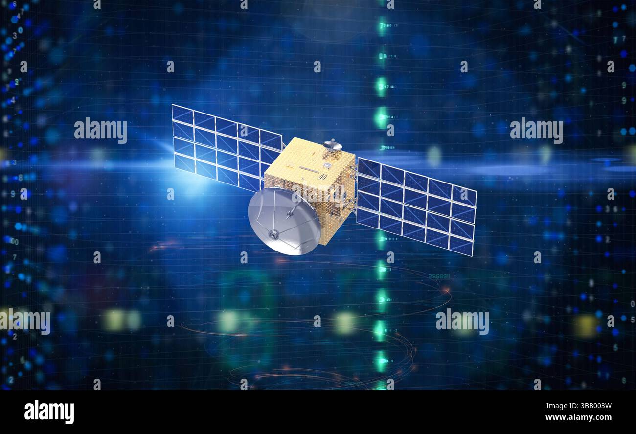 parabola satellitare con rendering 3d per telecomunicazioni digitali Foto Stock