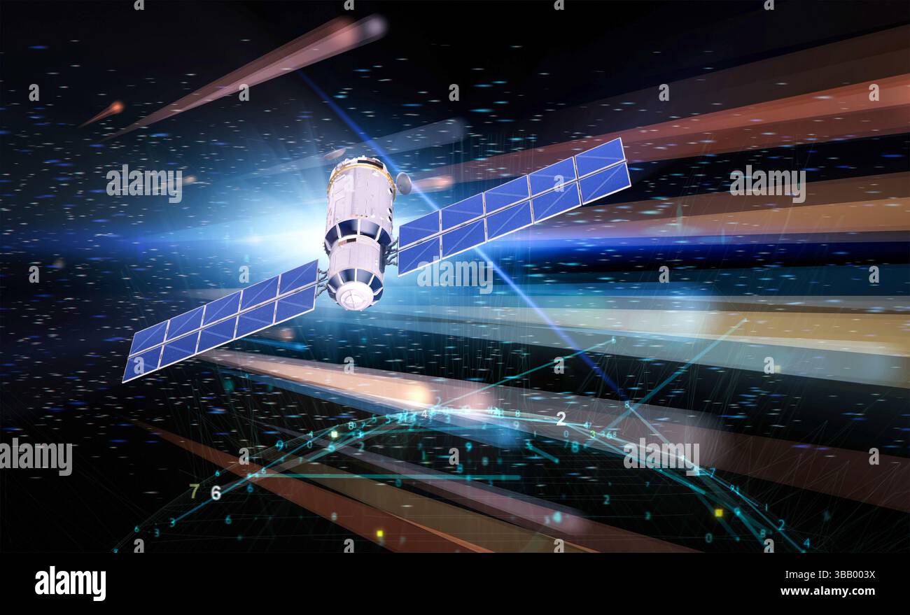 parabola satellitare con rendering 3d per telecomunicazioni digitali Foto Stock