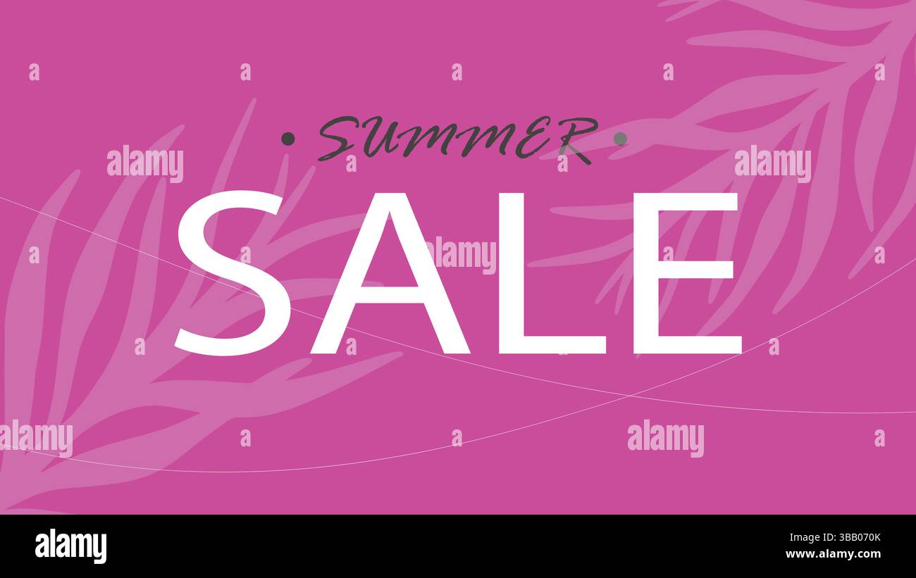 Striscione orizzontale rosa neon brillante. Modello con l'ombra dei rami delle palme dei saldi estivi. Sfondo con testo per opuscoli, brochure, pubblicità, a. Illustrazione Vettoriale