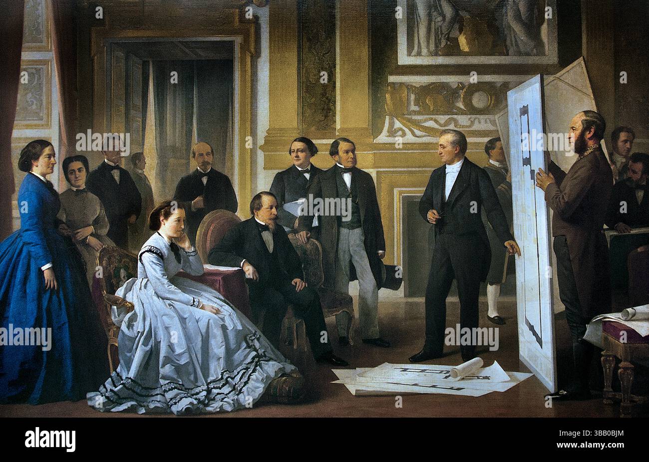 Il completamento del Louvre, l'imperatore Napoleone III, approvando, progettando, da, sig. Visconti ,1865, pittore, Ange Tissier, Francia, francese, Museo, Louvre. Il completamento del Louvre, in particolare l'unificazione dei palazzi Louvre e Tuileries, fu un importante progetto durante il regno di Napoleone III. L'architetto Louis Visconti presentò i suoi progetti a Napoleone III e all'imperatrice Eugenia nel 1853, una scena poi catturata in un dipinto di Ange Tissier, secondo Alamy. Il progetto, iniziato nel 1851, fu completato nel 1865, consolidando lo status di grande museo del Louvre Foto Stock