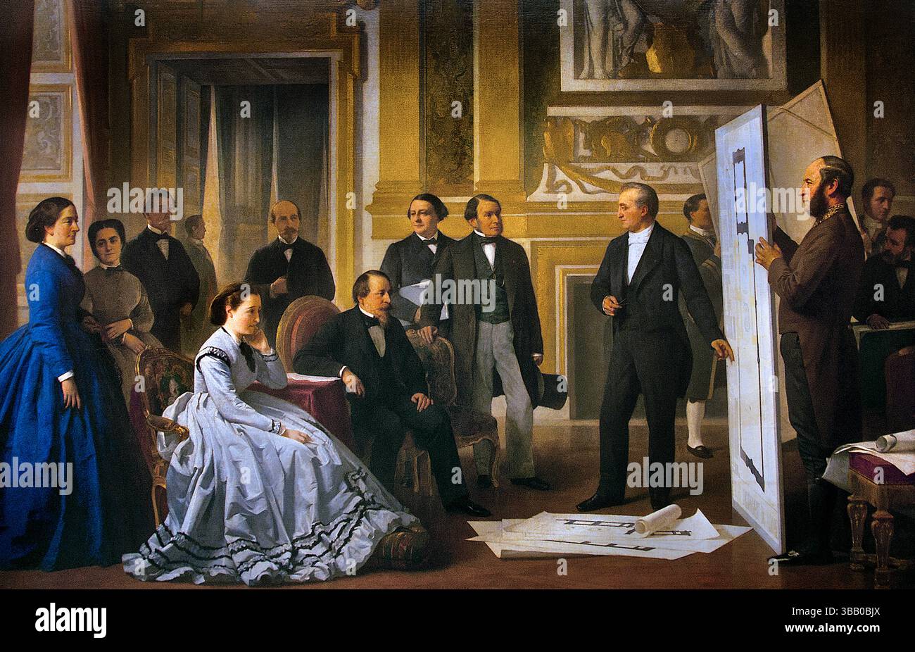 Il completamento del Louvre, l'imperatore Napoleone III, approvando, progettando, da, sig. Visconti ,1865, pittore, Ange Tissier, Francia, francese, Museo, Louvre. Il completamento del Louvre, in particolare l'unificazione dei palazzi Louvre e Tuileries, fu un importante progetto durante il regno di Napoleone III. L'architetto Louis Visconti presentò i suoi progetti a Napoleone III e all'imperatrice Eugenia nel 1853, una scena poi catturata in un dipinto di Ange Tissier, secondo Alamy. Il progetto, iniziato nel 1851, fu completato nel 1865, consolidando lo status di grande museo del Louvre Foto Stock