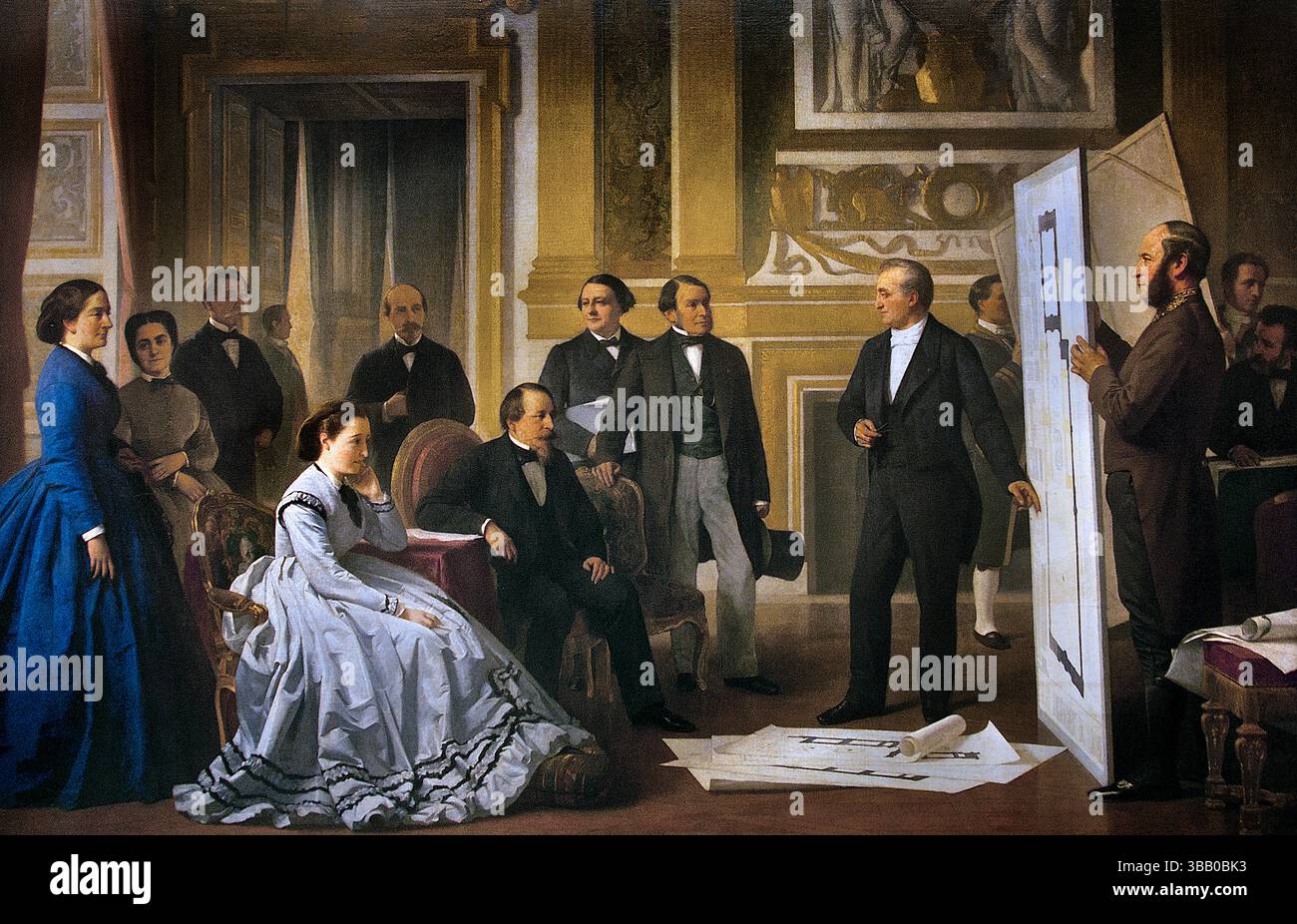 Il completamento del Louvre, l'imperatore Napoleone III, approvando, progettando, da, sig. Visconti ,1865, pittore, Ange Tissier, Francia, francese, Museo, Louvre. Il completamento del Louvre, in particolare l'unificazione dei palazzi Louvre e Tuileries, fu un importante progetto durante il regno di Napoleone III. L'architetto Louis Visconti presentò i suoi progetti a Napoleone III e all'imperatrice Eugenia nel 1853, una scena poi catturata in un dipinto di Ange Tissier, secondo Alamy. Il progetto, iniziato nel 1851, fu completato nel 1865, consolidando lo status di grande museo del Louvre Foto Stock