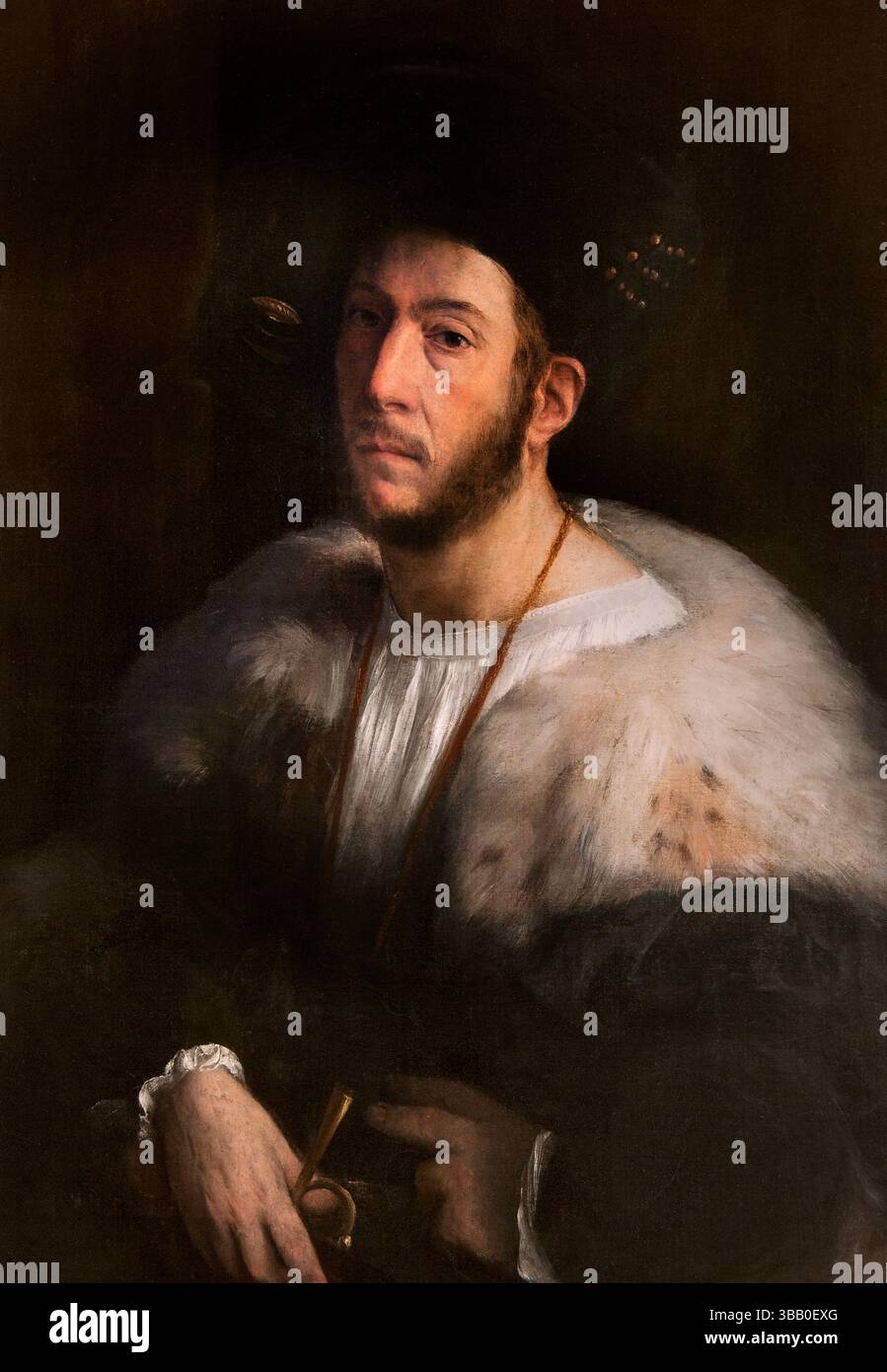 Ritratto di un uomo - Ritratto Cesare Borgia 1518 Ritratto d'homme di Giovanni di Lutero - DOSSO DOSSI 1489 -1542 Museo Italiano del Louvre Cesare Borgia (1475-1507) è stato un nobile italiano rinascimentale, capo militare e cardinale della Chiesa cattolica. È noto per la sua spietatezza e ambizione politica, in particolare per il suo ruolo nel papato di suo padre e per i suoi tentativi di stabilire un principato nell'Italia centrale. Servì come Duca di Romagna e Capitano generale degli eserciti della Chiesa, utilizzando strategie militari e politiche per espandere il potere Borgia. Foto Stock