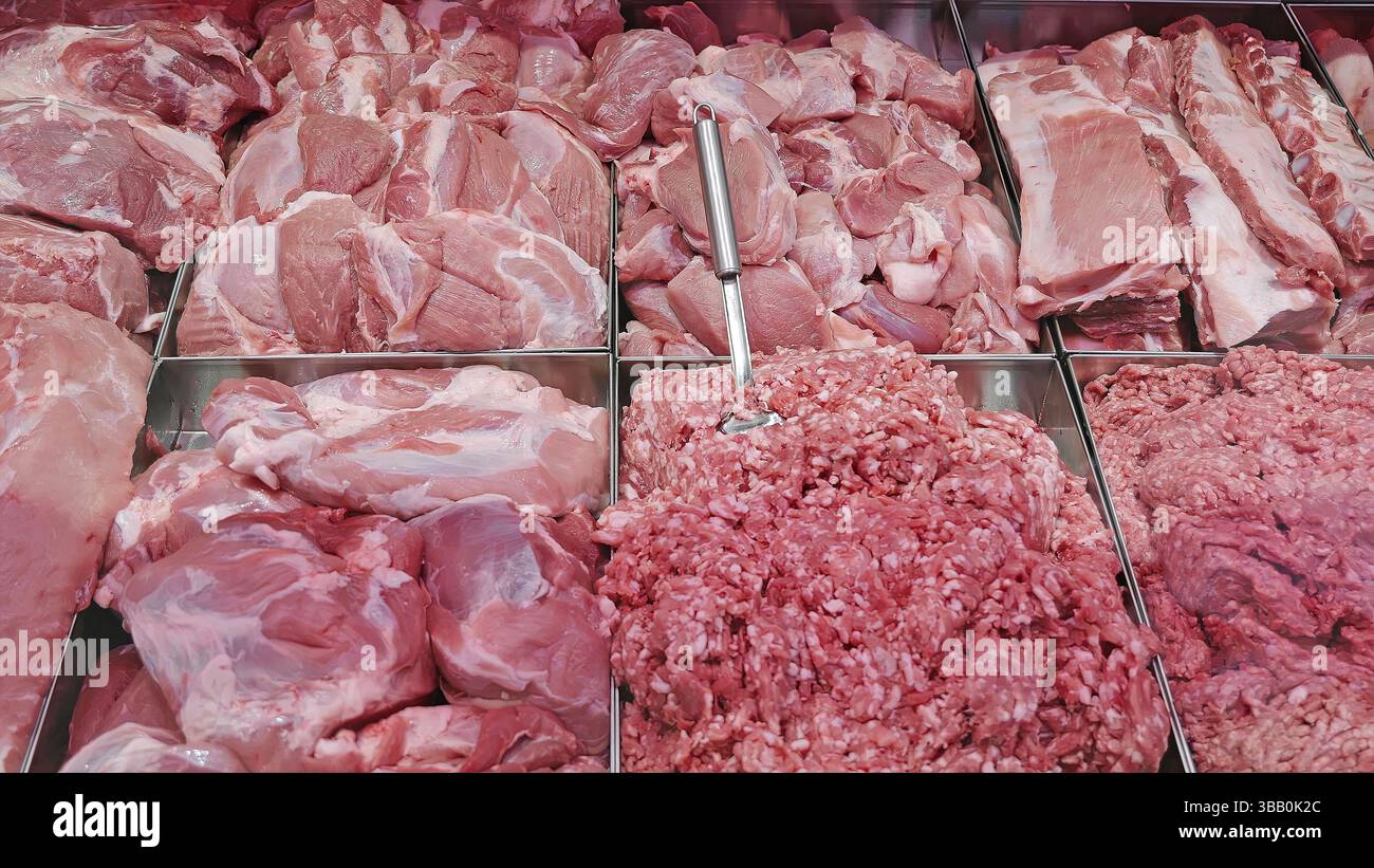 Assortimento di carne fresca in esposizione. Primo piano di vari tagli di carne cruda fresca, tra cui costolette, carne macinata e pezzi, esposti in un macellaio Foto Stock