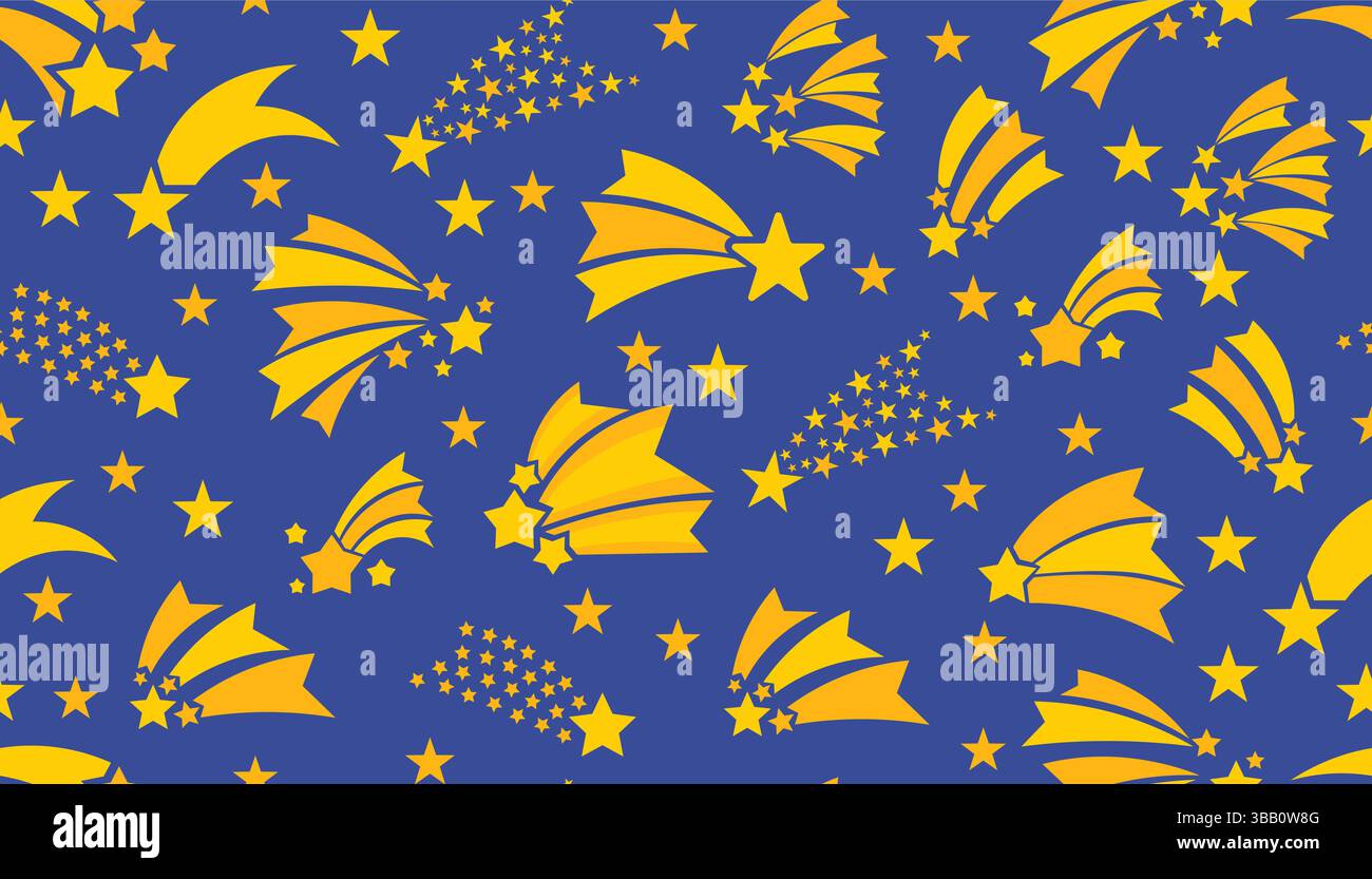 Motivo senza cuciture con stelle cadenti in stile piatto. Design cosmico divertente e sognante con colorate piste luminose, perfetto per prodotti e tessuti per bambini Illustrazione Vettoriale