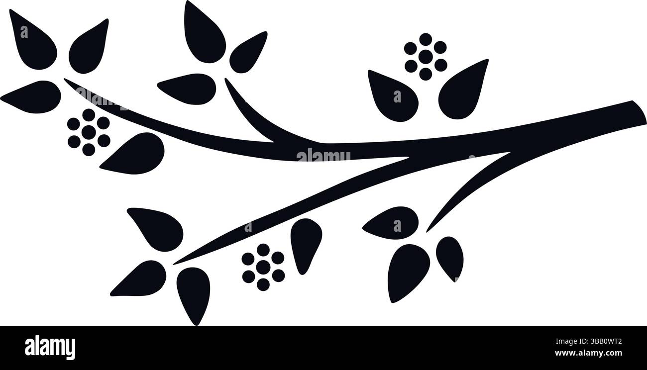 Ramoscello frondoso con silhouette nera floreale. Ramoscello disegnato a mano con foglie e fiori giovani, grafica vettoriale Illustrazione Vettoriale