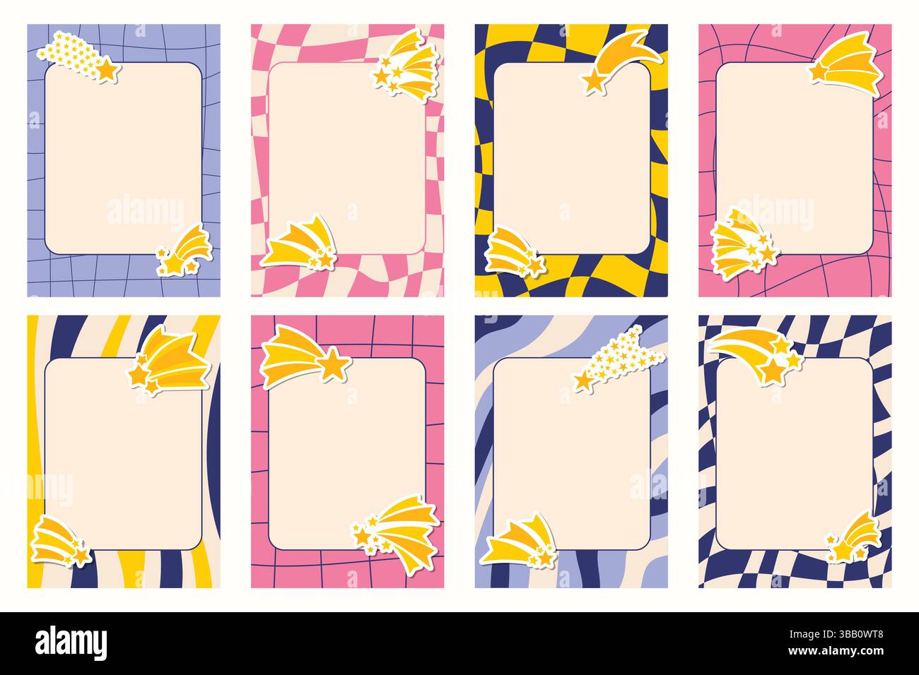 Set di cornici per note floreali decorate con adesivi Falling Star in stile cartoni animati piatto. Design vivace e sognante con accenti cosmici, perfetto per plann Illustrazione Vettoriale