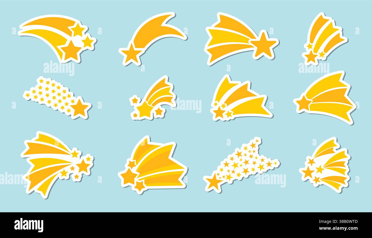 Set di adesivi Falling Stars in stile cartoni animati. Elementi luminosi e cosmici con sentieri luminosi e dettagli da sogno, ideali per i progettisti e gli scrapbooki Illustrazione Vettoriale