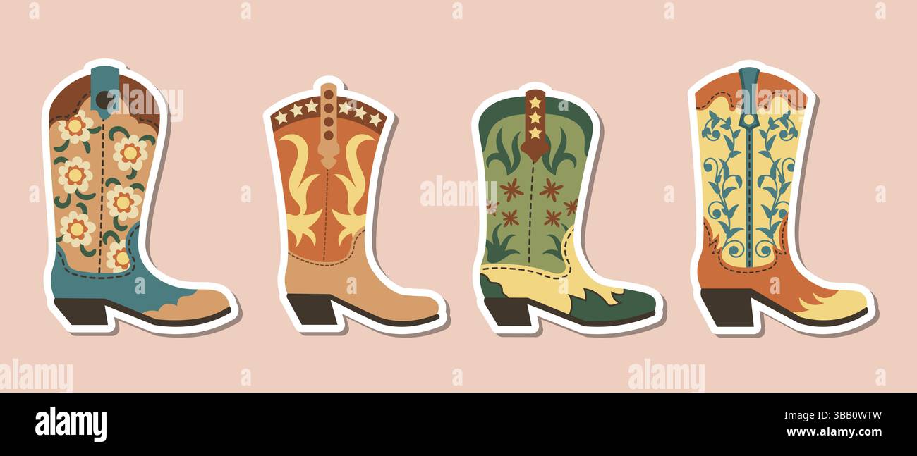 Set di adesivi per stivali da cowboy e cowgirl in stile piatto. Divertenti e colorate illustrazioni a tema western con diversi design di stivali, ideali per la pianificazione Illustrazione Vettoriale