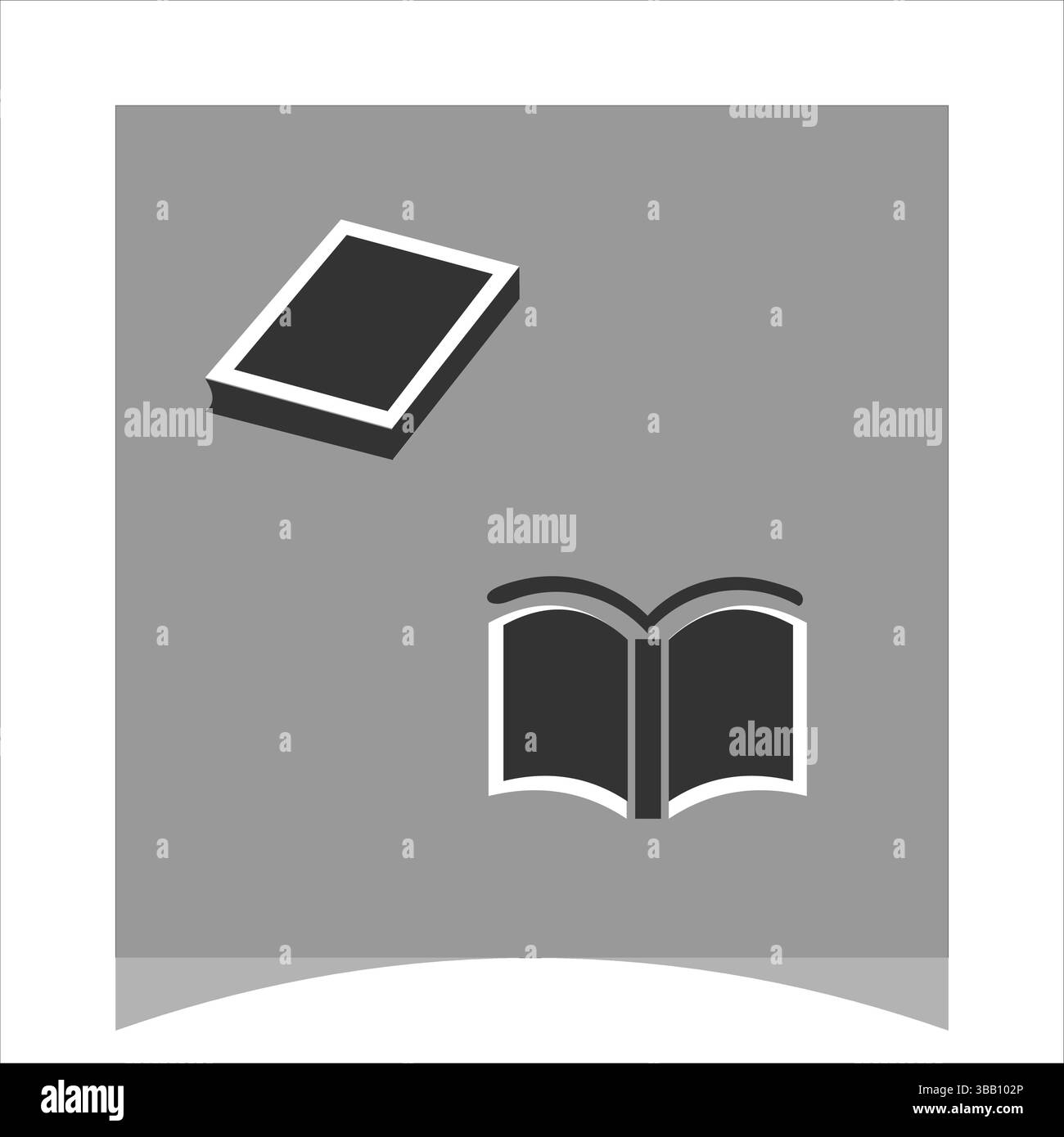 Icona piatta di due libri, uno chiuso, uno aperto, su sfondo grigio Illustrazione Vettoriale