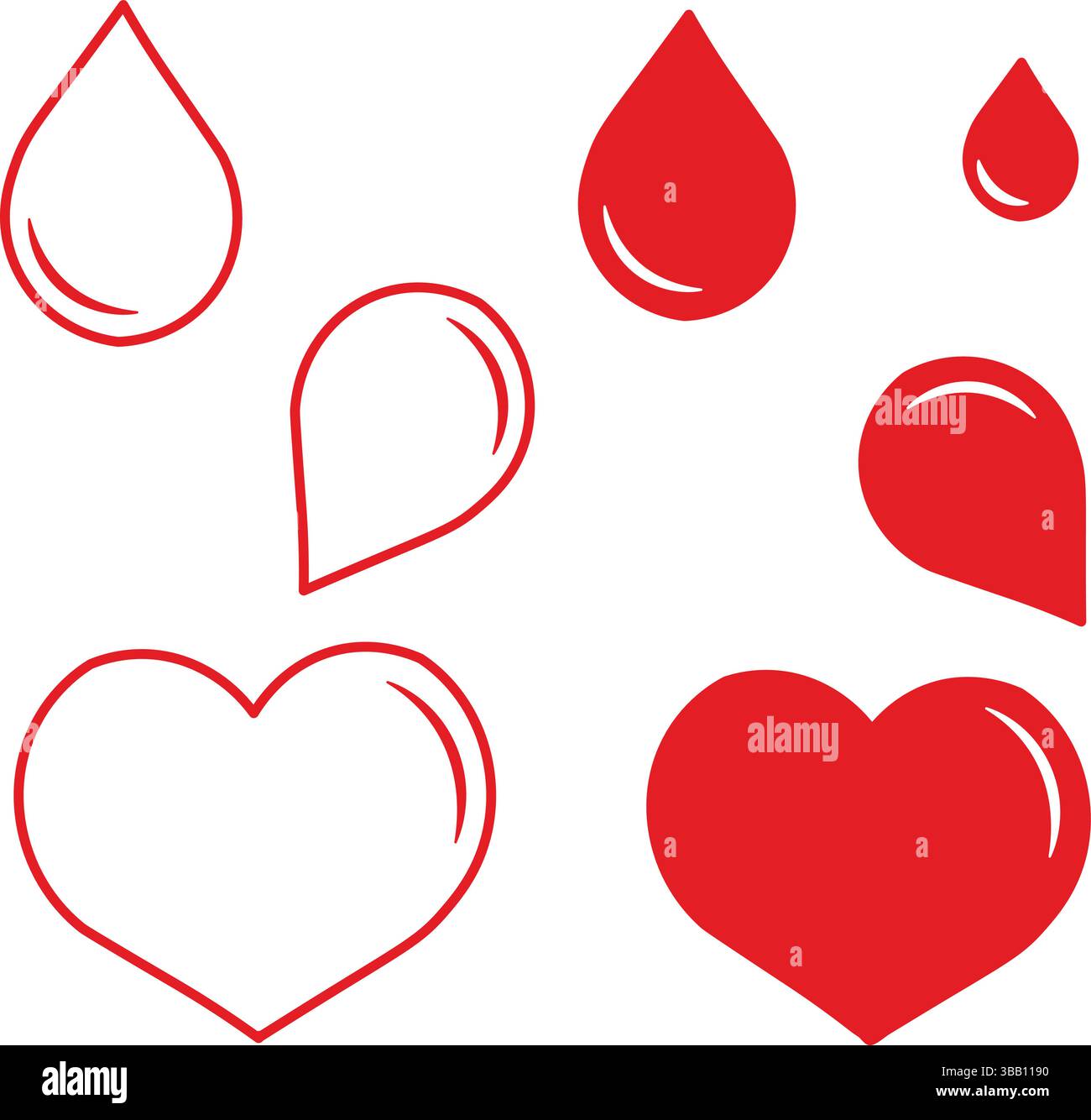 Icone rosse e bianche a forma di cuore e goccia su sfondo bianco Illustrazione Vettoriale