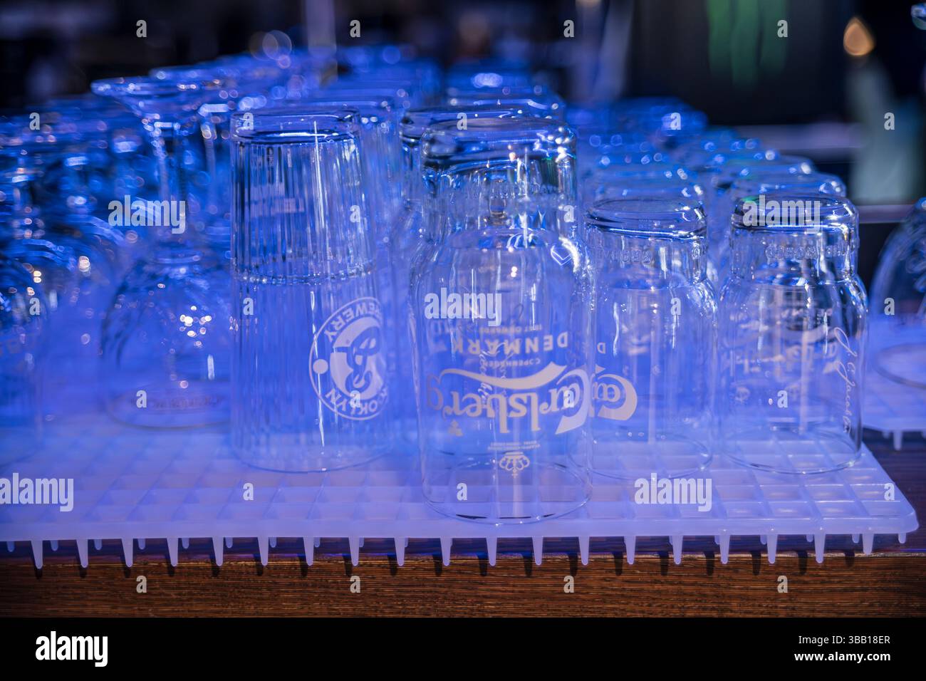 Roma, italia 4 maggio 2025: I bicchieri da birra vuoti con logo si stanno asciugando capovolti su un vassoio antigoccia illuminato, creando una vivace luce blu in un bar Foto Stock