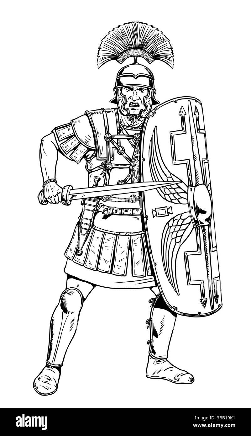Centurione romano che attacca. Disegno storico di un legionario romano. Foto Stock