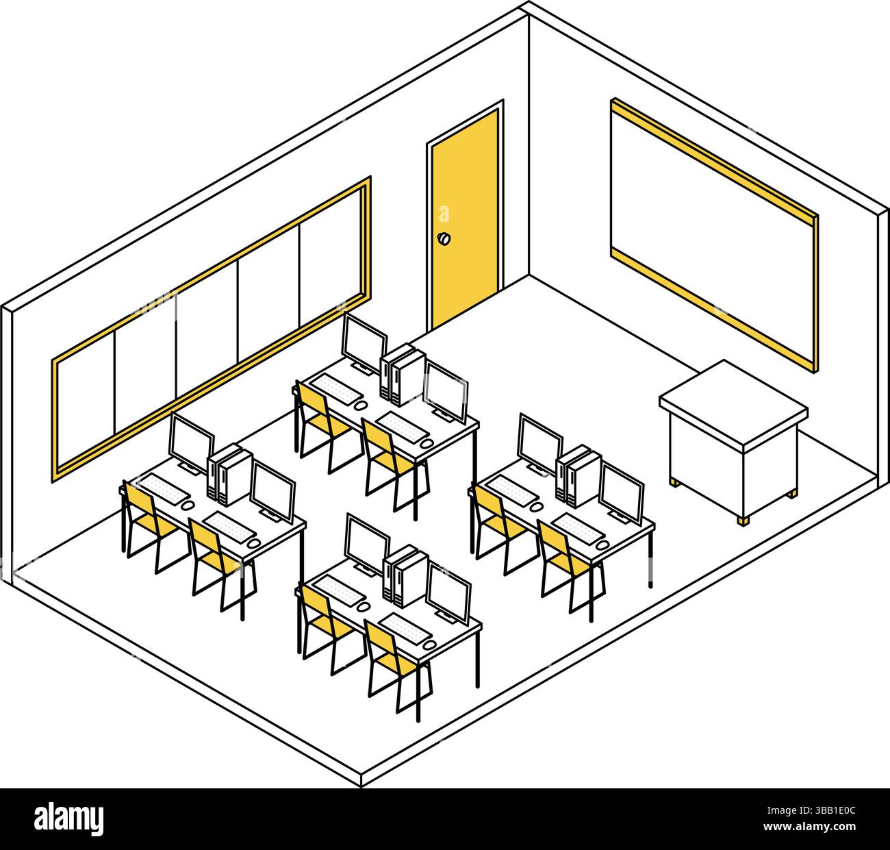 Illustrazione isometrica semplice e simpatica di un laboratorio di computer della scuola rivestito di computer, illustrazione vettoriale Illustrazione Vettoriale