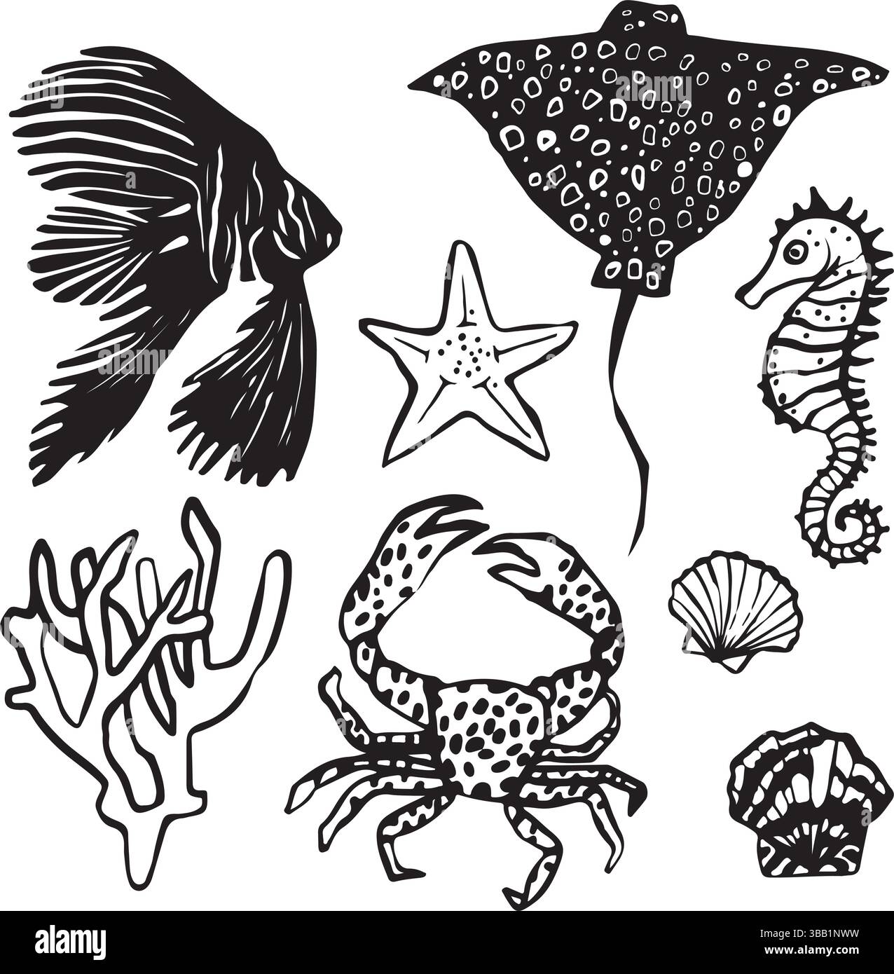 Composizione vettoriale disegnata a mano con creature marine. Set di sagome e illustrazioni dei contorni Illustrazione Vettoriale