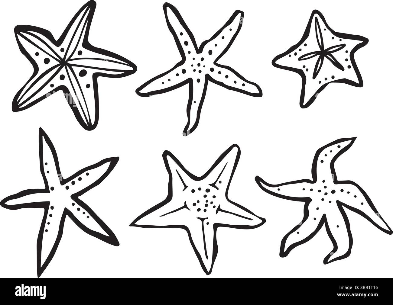 set di scarabocchi vettoriali disegnati a mano con varie stelle marine Illustrazione Vettoriale
