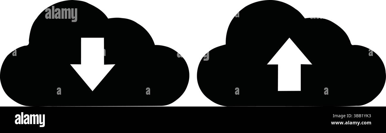 Sagoma di due icone cloud con frecce, che rappresentano il trasferimento dei dati, l'archiviazione su cloud, il download e il caricamento nella comunicazione digitale Illustrazione Vettoriale