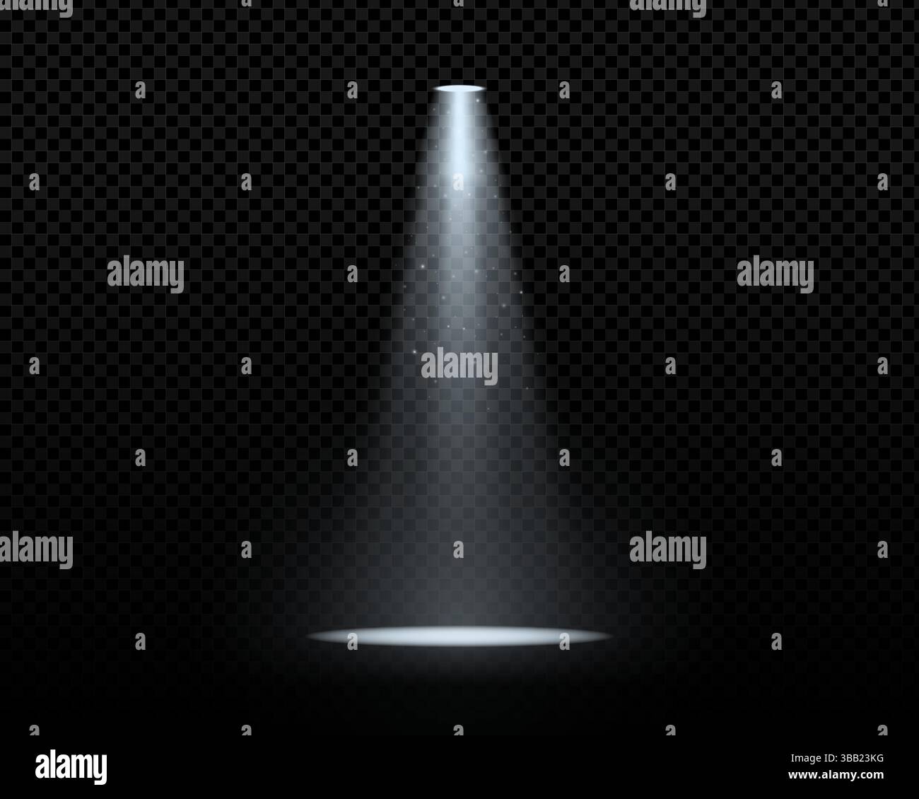 Fascio luminoso su sfondo scuro. Illustrazione vettoriale di un raggio luminoso con effetto proiettore. Ideale per concerti, teatri, feste o scene cinematografiche. Design trasparente e astratto. Illustrazione Vettoriale