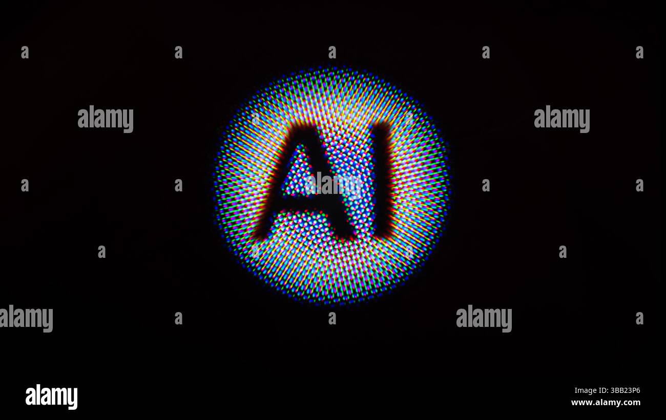 Pixel super macro del display che mostrano la parola ai. Perfetto per concetti di tecnologia, sicurezza e fantascienza. Foto Stock