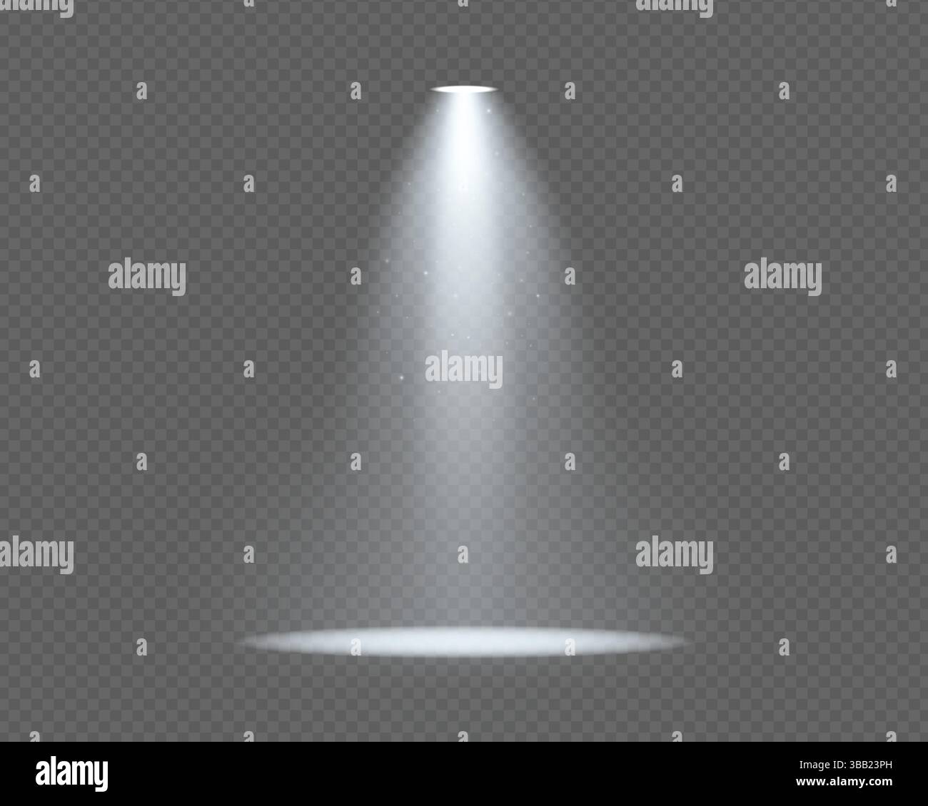 Fascio di luce su palcoscenico scuro con effetto luminoso. Illustrazione vettoriale di un raggio di luce brillante, di un fascio luminoso del proiettore e di una lucentezza trasparente. Ideale per concerti, teatri, club o feste. Illustrazione Vettoriale