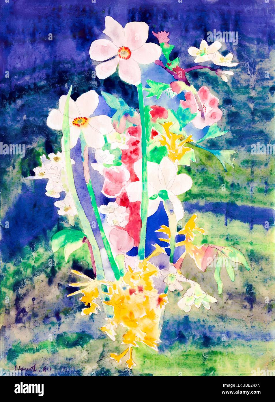 Scansione ad alta risoluzione del Narcissi di Charles Demuth, un acquerello di dominio pubblico degli anni '1920 di narcisi in fiore, studio floreale modernista che fonde l'ingegno realistico Foto Stock