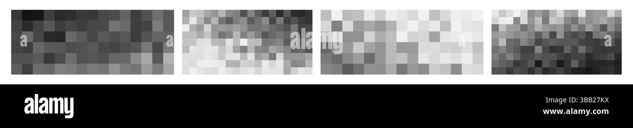 Variazioni del disturbo pixel del glitch verticale. Quattro strisce in scala di grigi che simulano la compressione del segnale, gli artefatti di errore o le trame di distorsione tecnologica. Astratto Illustrazione Vettoriale