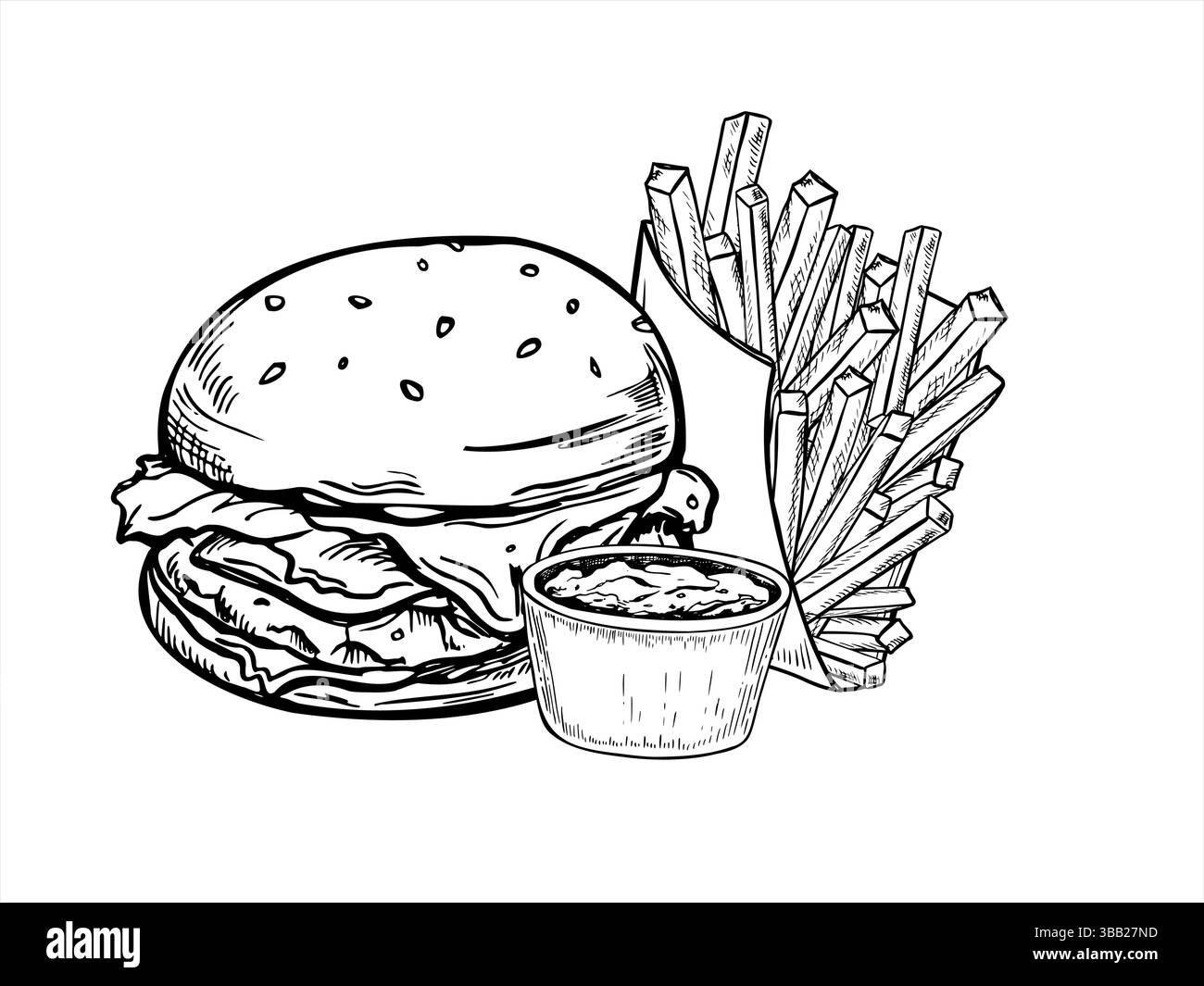 Hamburger monocromatico, patatine fritte in confezione di carta e contenitore per salsa illustrazione del vettore di inchiostro nero. Disegno con incisione di verdure polpette di manzo Illustrazione Vettoriale