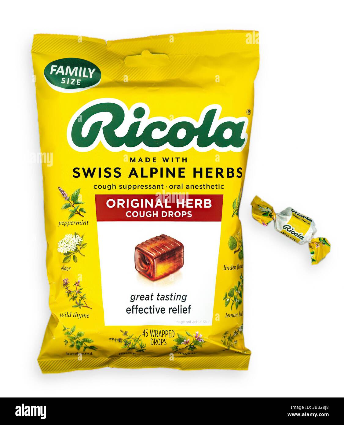 La tosse di ricola lascia cadere il sapore originale delle erbe. Marca Ricola di soppressore della tosse da banco e anestetico orale. Descritto come privo di colorante, artificiale Foto Stock