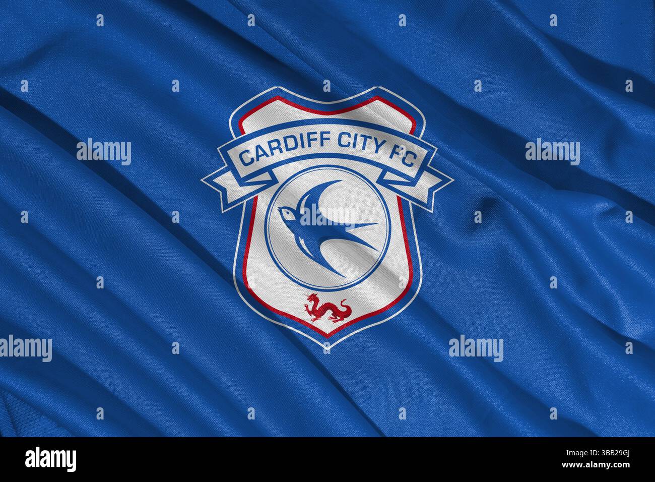 Pringsewu, lampung 25 maggio 2025; focus selettivo del logo della squadra di calcio del Cardiff City nel campionato efl, illustrazione 3d. Foto Stock