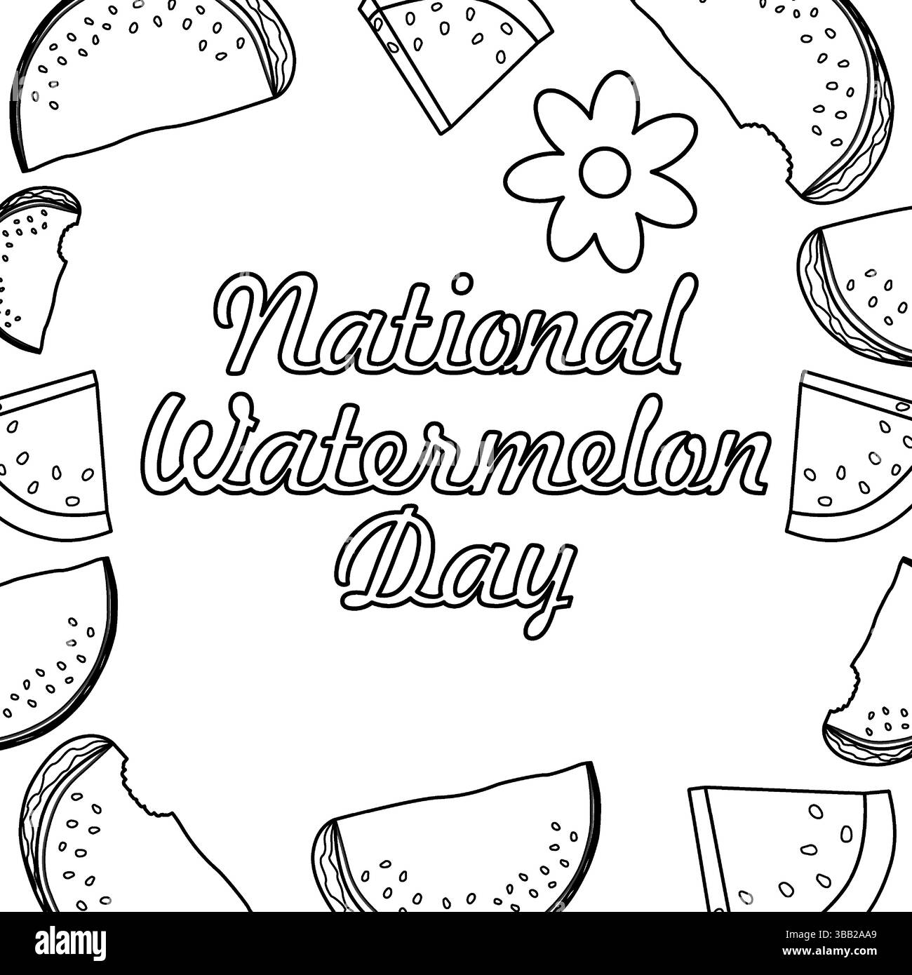 Pagina da colorare con disegno estivo di succose fette di anguria e fiori a margherita. Morso. Giornata nazionale dell'anguria. Per intrattenere i bambini, summ Illustrazione Vettoriale