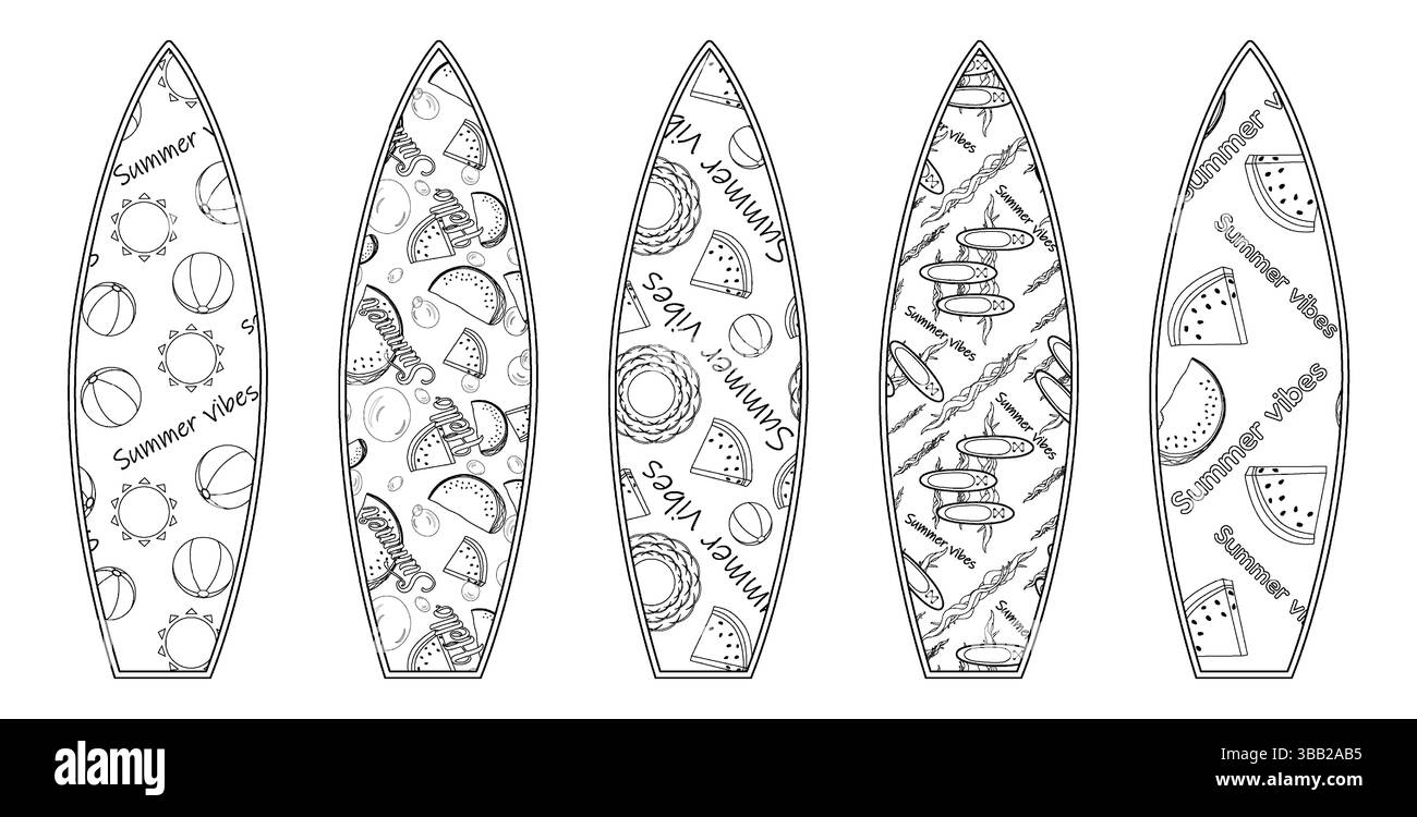 Colorando con il contorno estivo della tavola da surf con angurie di frutta tropicale, balle da spiaggia e sole e surf sulle onde dell'oceano. Per il divertimento, la spiaggia, Illustrazione Vettoriale