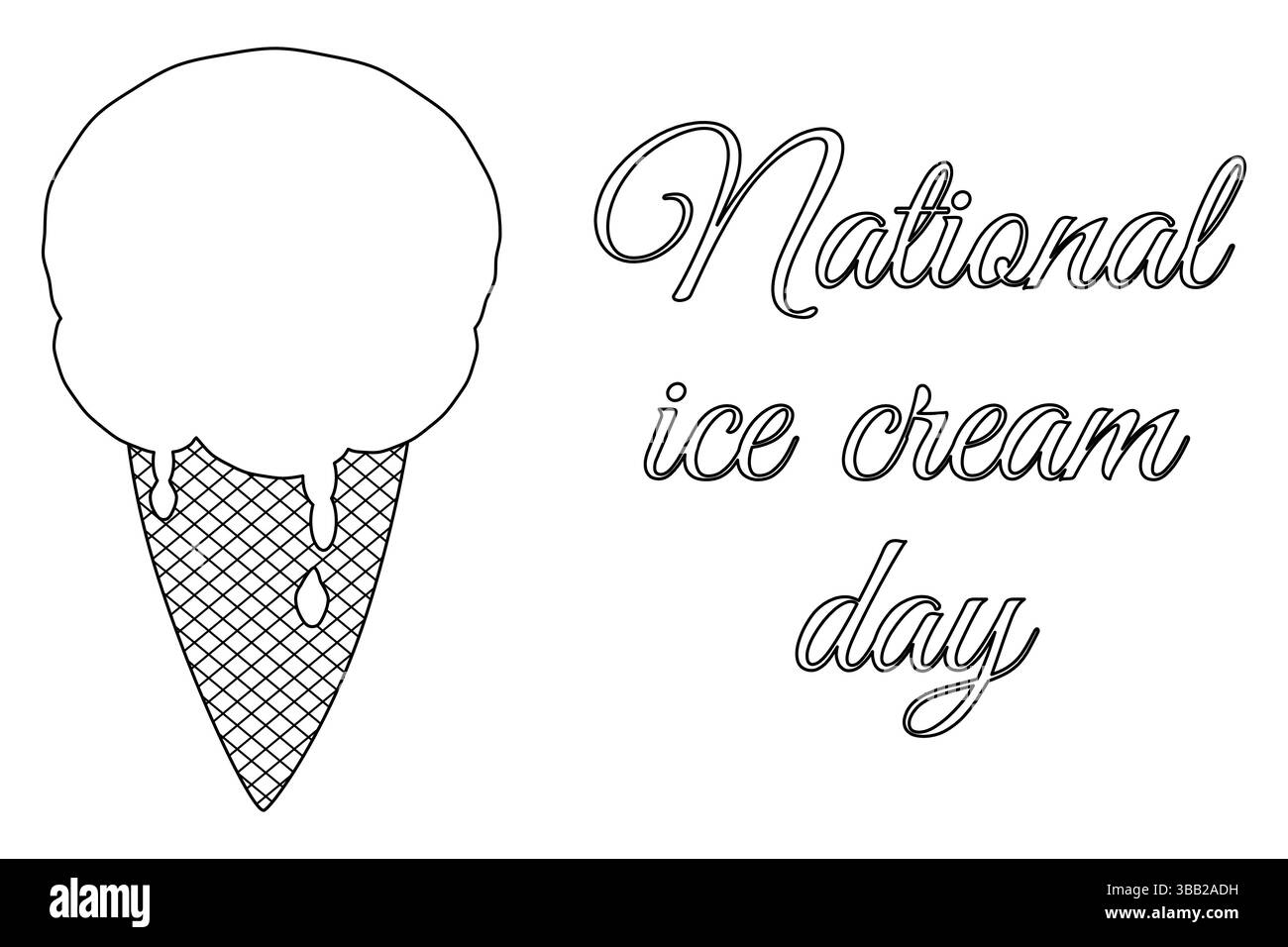 Pagina da colorare con disegno estivo di gelato con gocce e gocce in un cono di waffle. Giornata nazionale del gelato. Per divertirsi, estate des Illustrazione Vettoriale