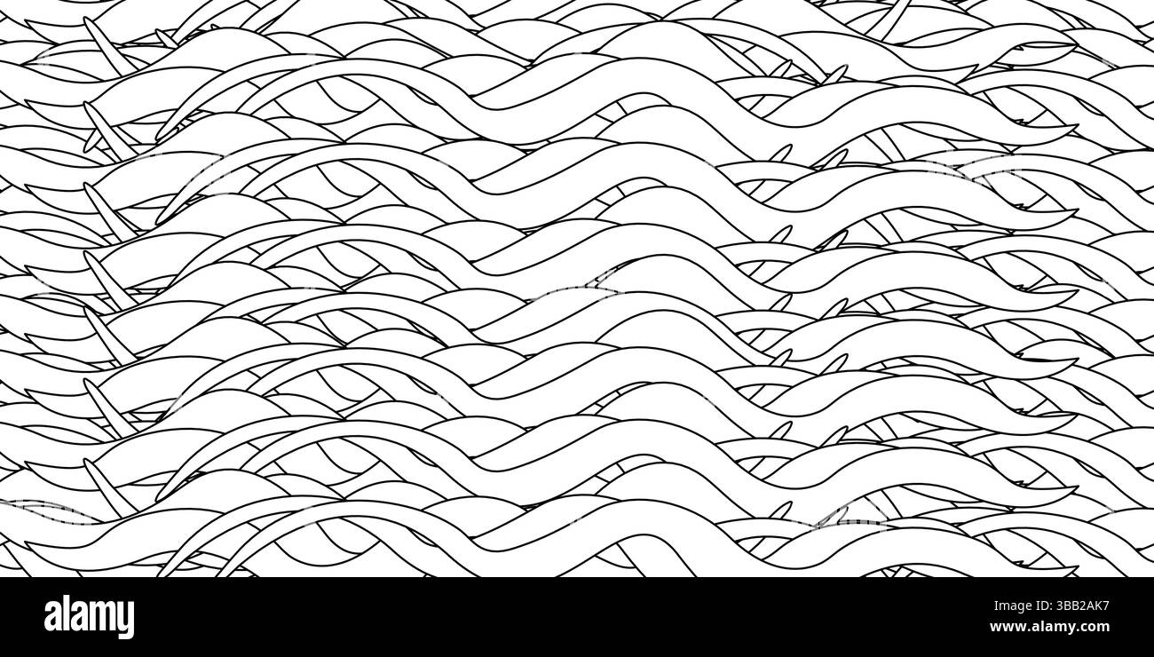 Pagina da colorare con disegno vettoriale del contorno estivo dello sfondo astratto delle onde oceaniche. Un motivo in acqua. Ideale per intrattenere i bambini, la spiaggia e la stagione Illustrazione Vettoriale