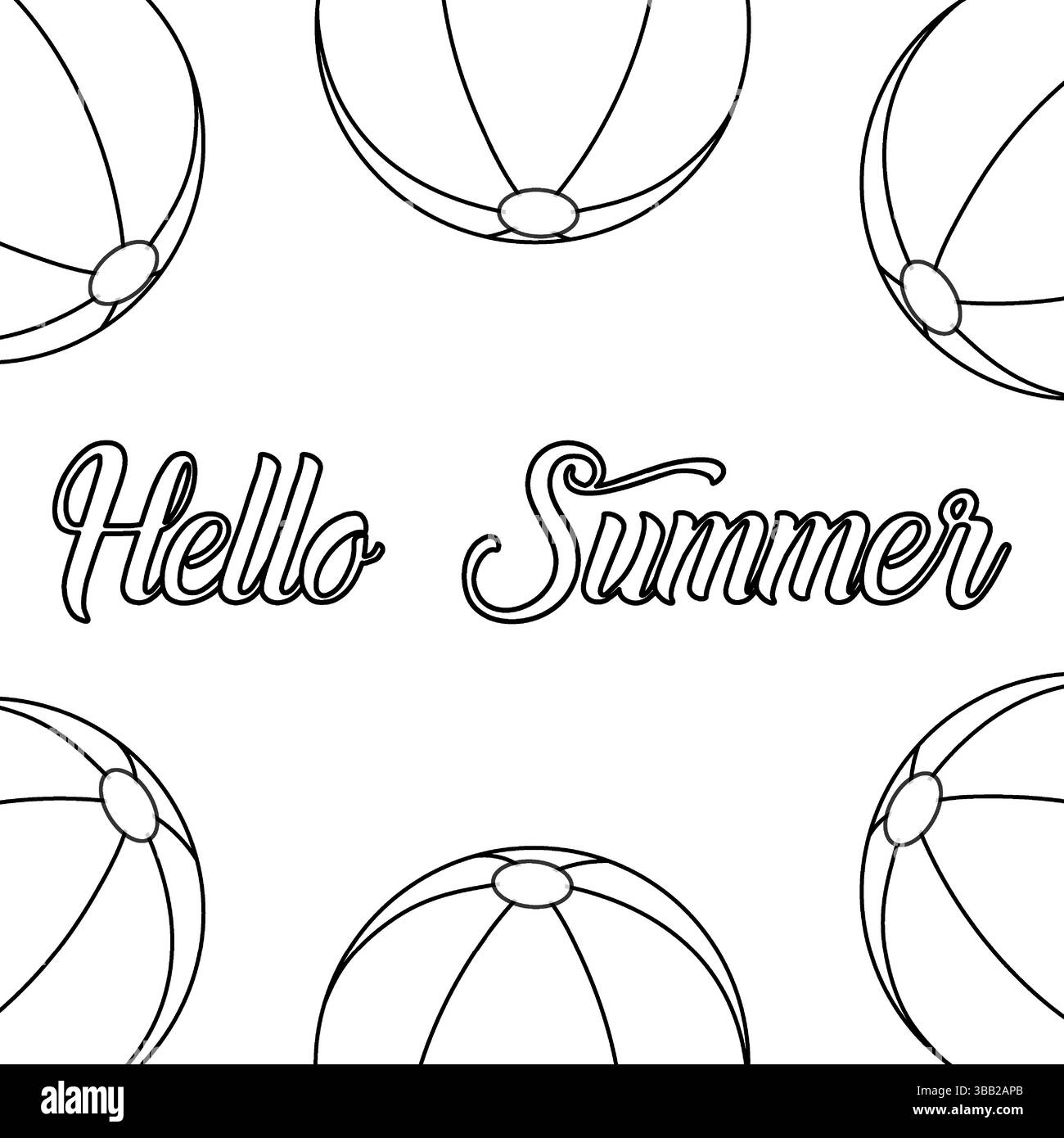 Pagina di colorazione del biglietto d'auguri con disegno del contorno della scena delle palle da spiaggia. Ciao Summer. Per intrattenere i bambini, festività e vacanze o summ Illustrazione Vettoriale