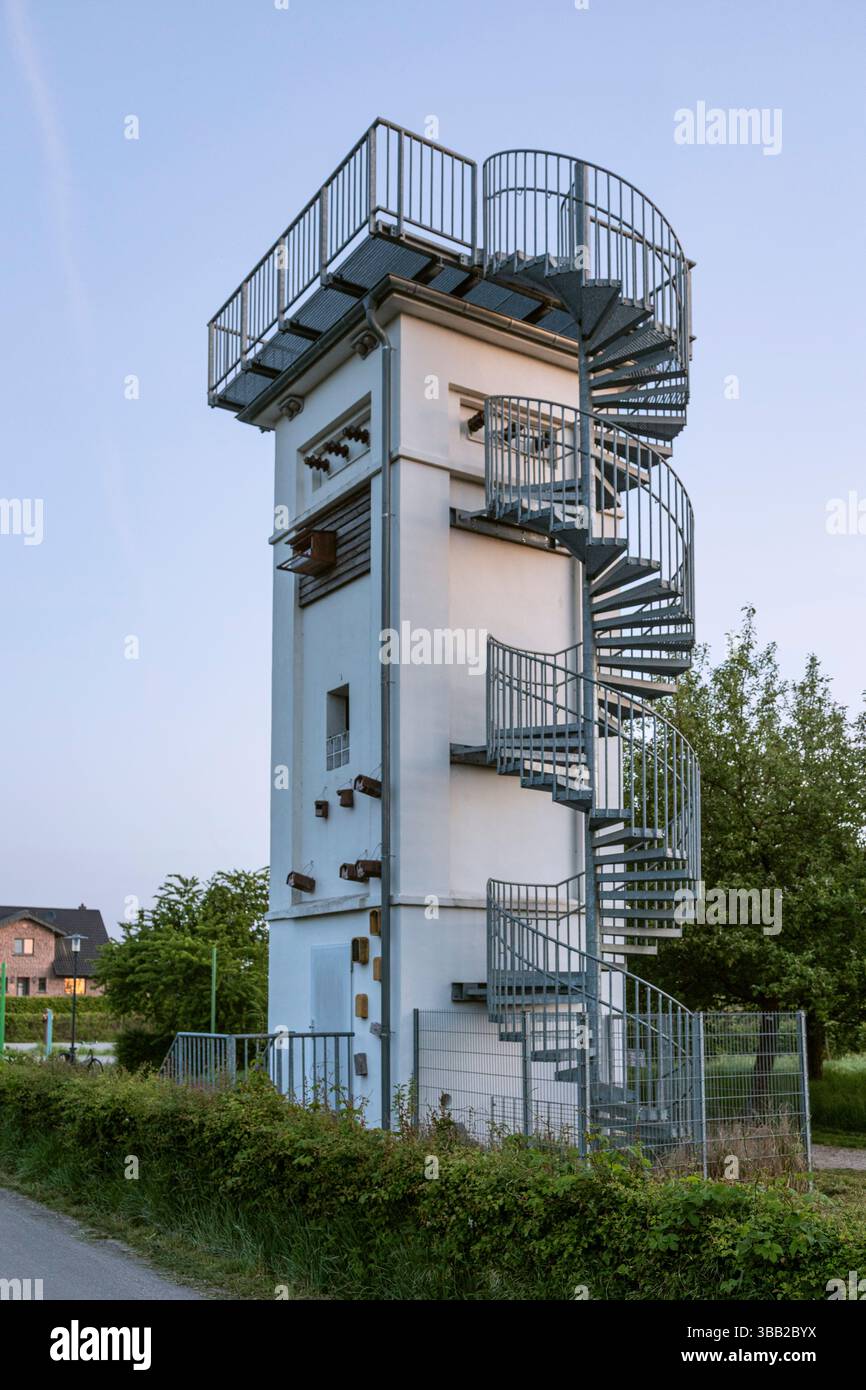 Riserva naturale di Bislicher Insel vicino a Xanten, l'ex trasformatore è ora la torre di protezione delle specie presso il NaturForum e la torre di osservazione Foto Stock