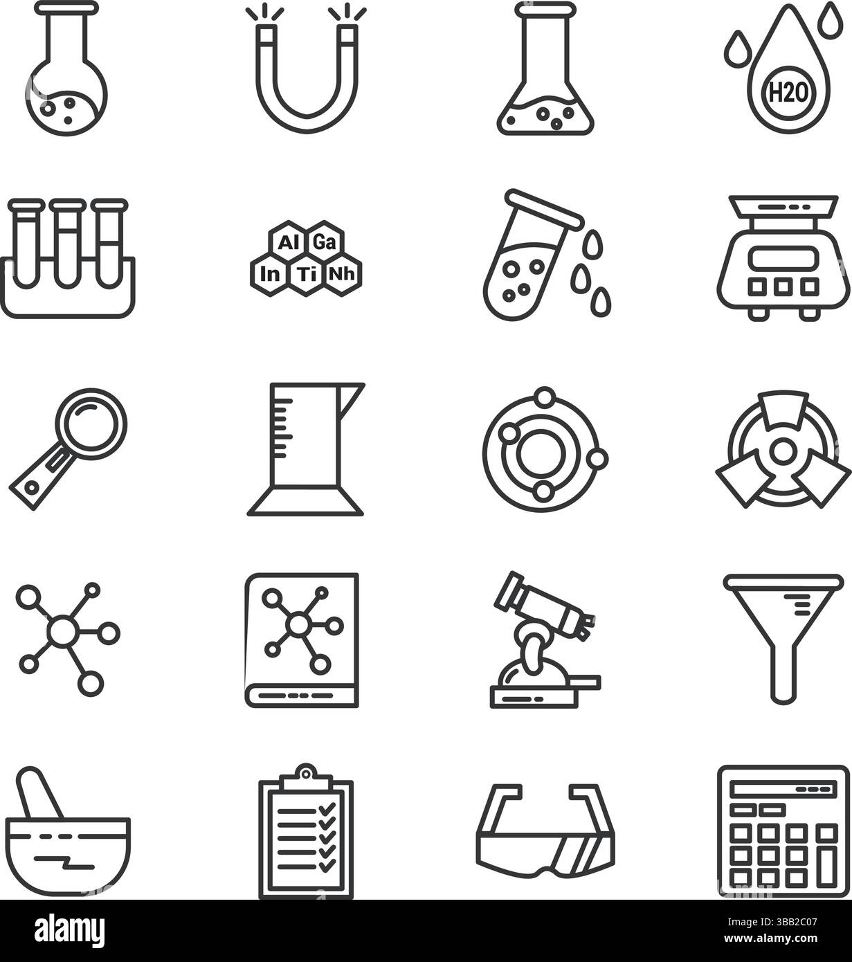 Set icone chimiche – apparecchiature di laboratorio, molecole, esperimenti e simboli scientifici Illustrazione Vettoriale