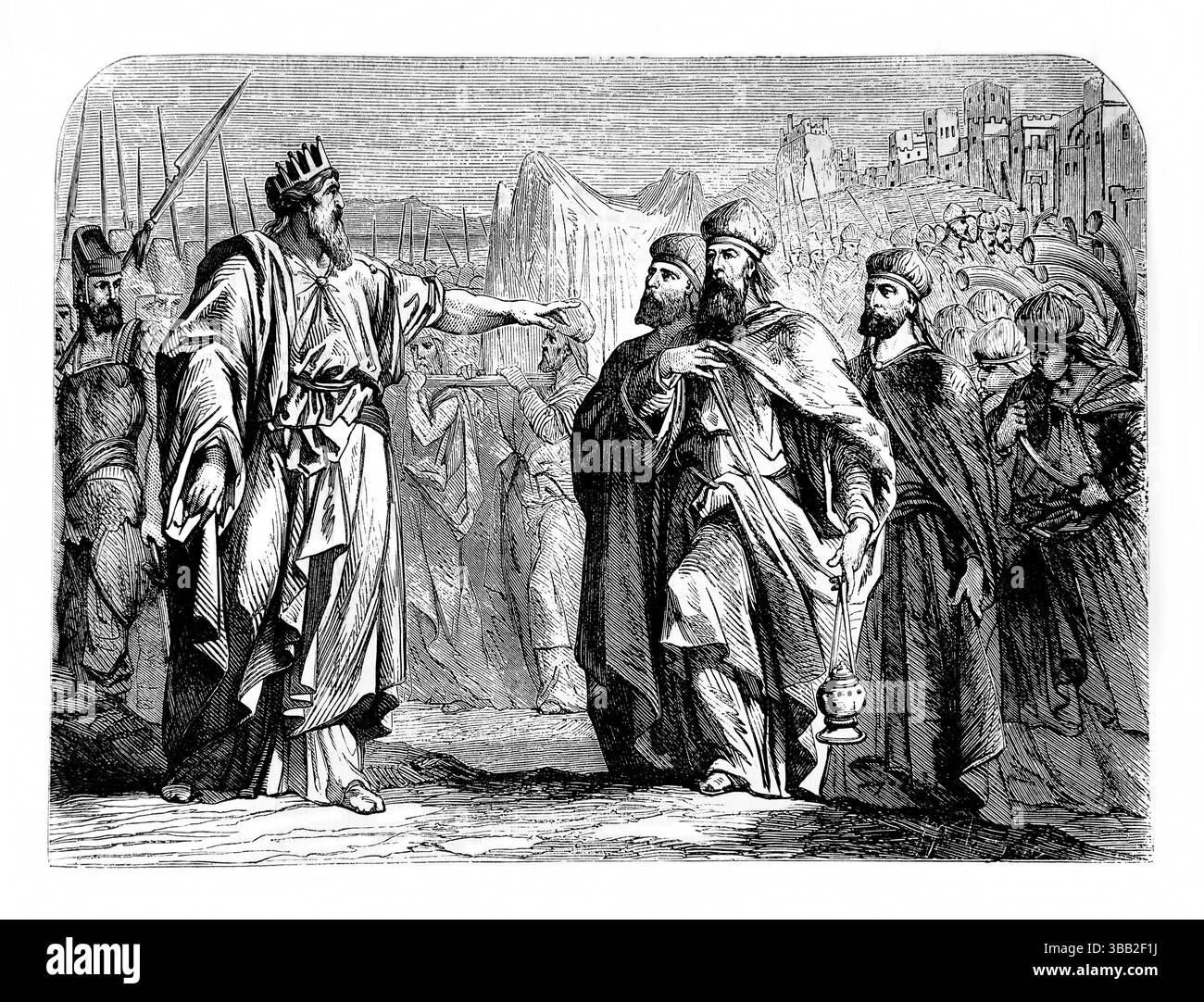 Illustrazione di Davide nell'Assemblea dei Leviti che comanda la portazione dell'Arca (Chonicles) dall'Antica Ottocento la Sacra Bibbia containi Foto Stock