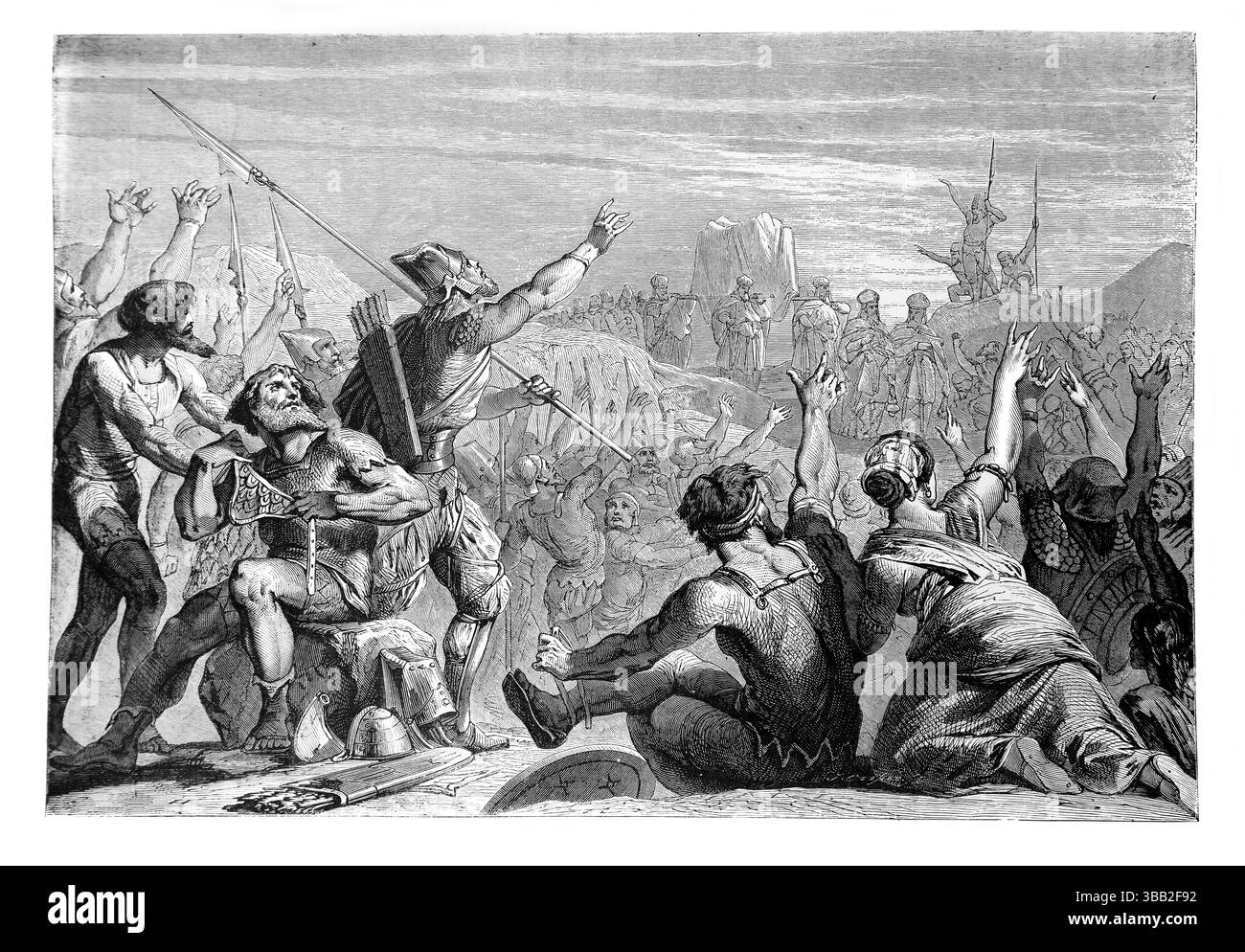 Arrivo dell'Arca nel campo degli Israeliti (Samuele) dall'Antico XIX secolo la Sacra Bibbia contenente l'Antico e il nuovo Testamento con Explanato Foto Stock