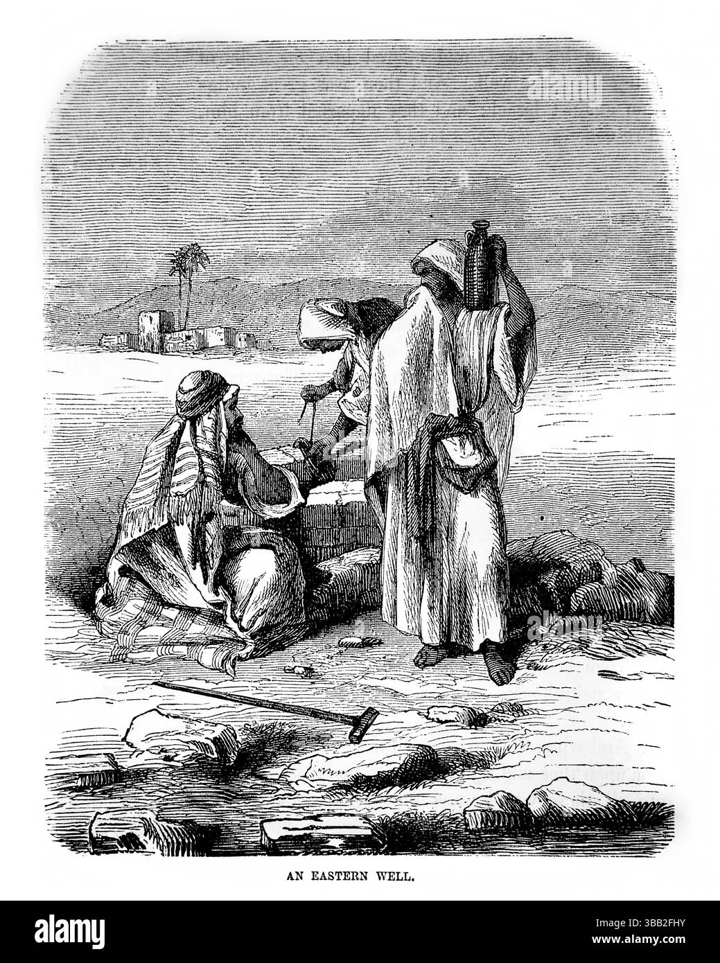 Illustrazione storica di un pozzo mediorientale dell'antichità del XIX secolo la Sacra Bibbia contenente il Vecchio e il nuovo Testamento con note esplicative, Foto Stock