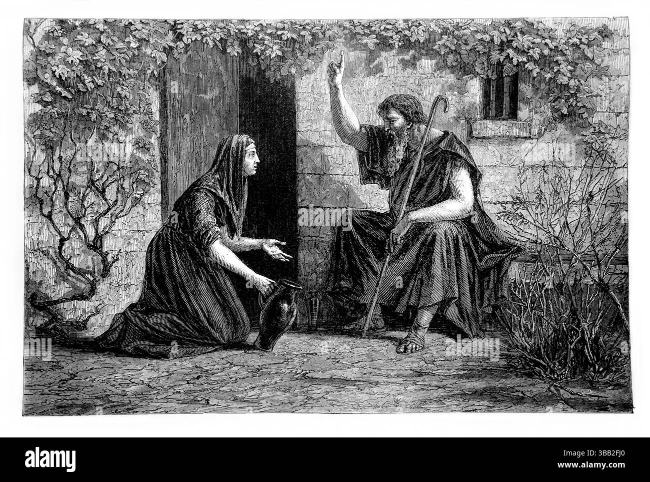 Illustrazione di Elia che rivendica l'ospitalità della vedova di Zarefath (Re) dall'Antica Ottocento la Sacra Bibbia contenente il Vecchio e il nuovo Foto Stock