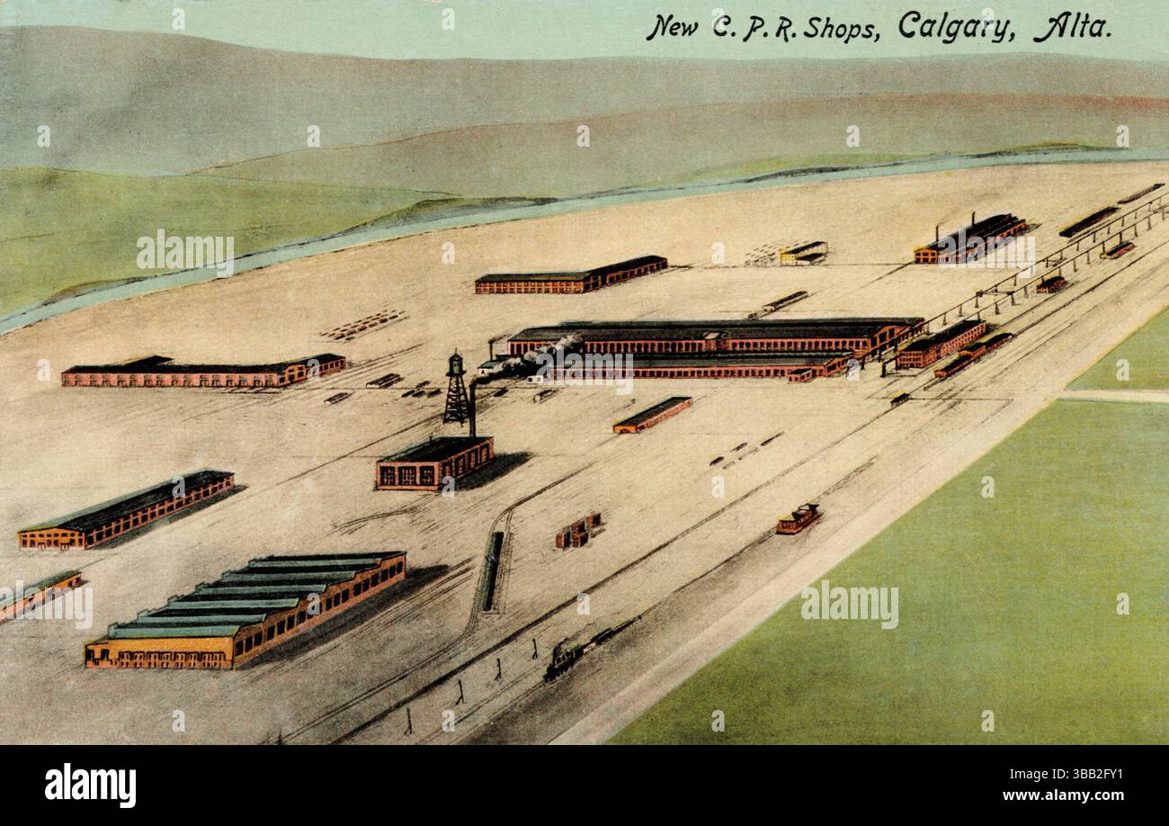 New CPR Shops, Calgary Alberta Canada, birdseye artist rendition, cartolina degli anni '1910-'20. artista non identificato. Foto Stock