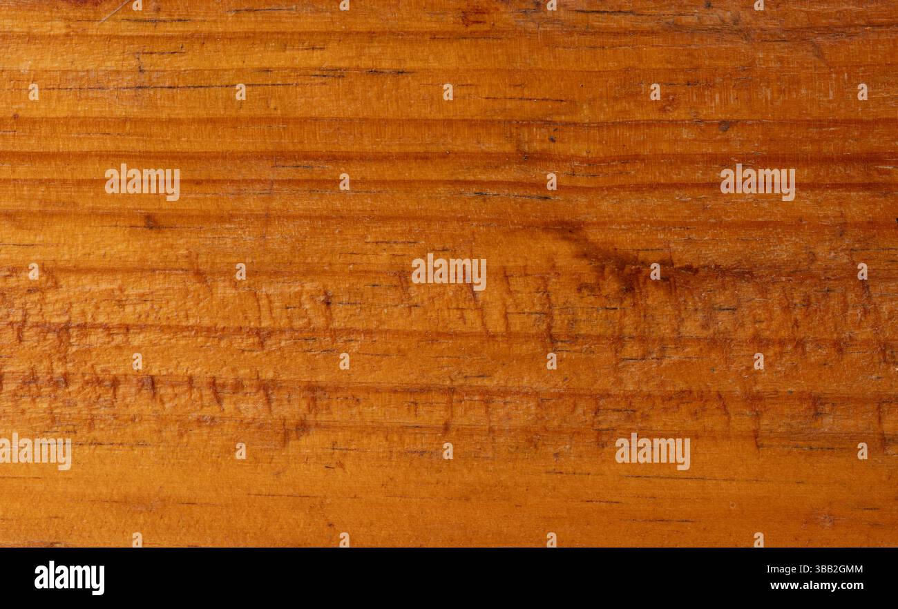 Primo piano di una superficie in legno che mette in risalto i toni caldi e gli intricati motivi a grana, mostrando una bellezza naturale. Foto Stock