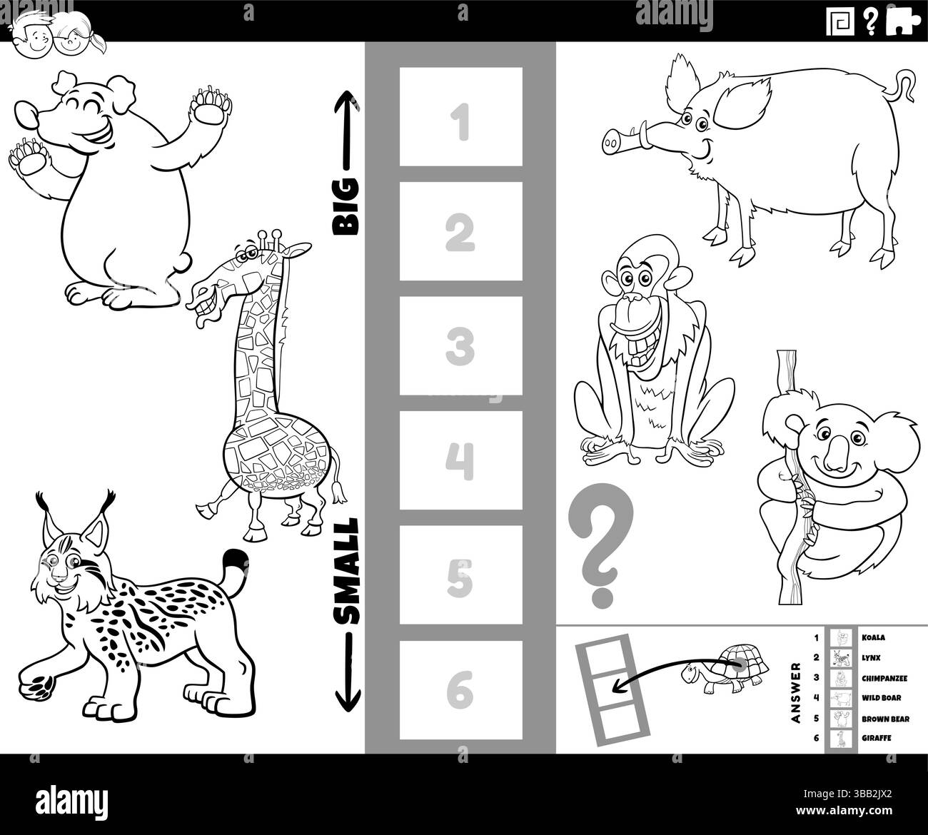 Illustrazione cartoni animati di puzzle educativo per trovare le specie animali più grandi e più piccole con personaggi fumetti che colorano la pagina Illustrazione Vettoriale
