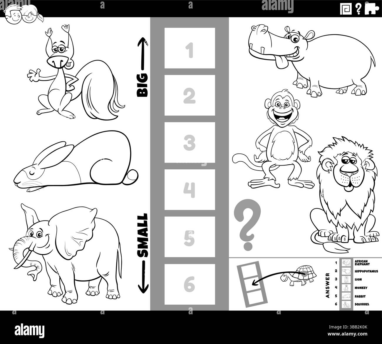 Illustrazione cartoni animati di puzzle educativo per trovare le specie animali più grandi e più piccole con personaggi fumetti che colorano la pagina Illustrazione Vettoriale